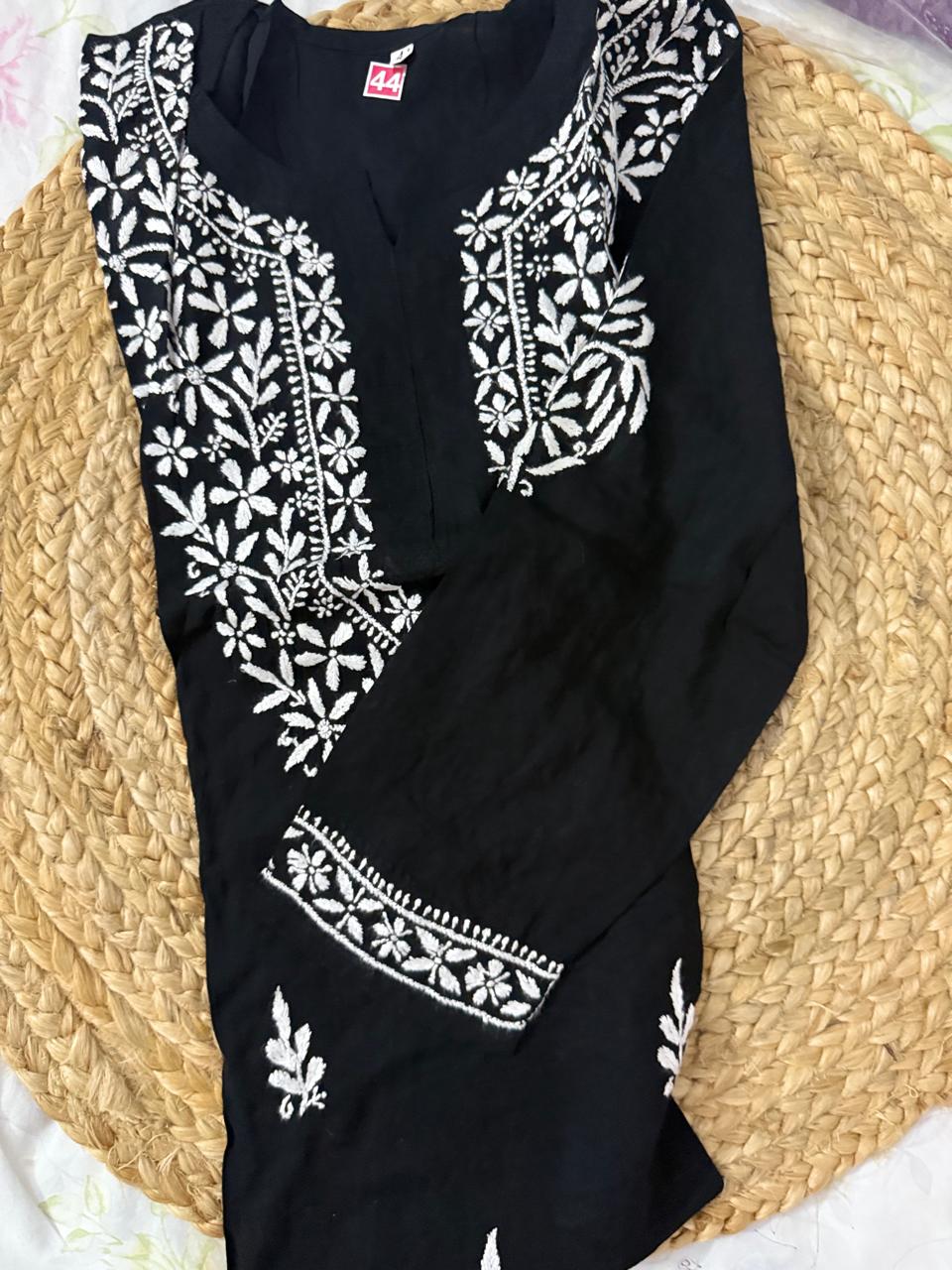 BLACK MODAL CHIKANKARI KURTI – WHITE THREAD HEAVY HANDWORK