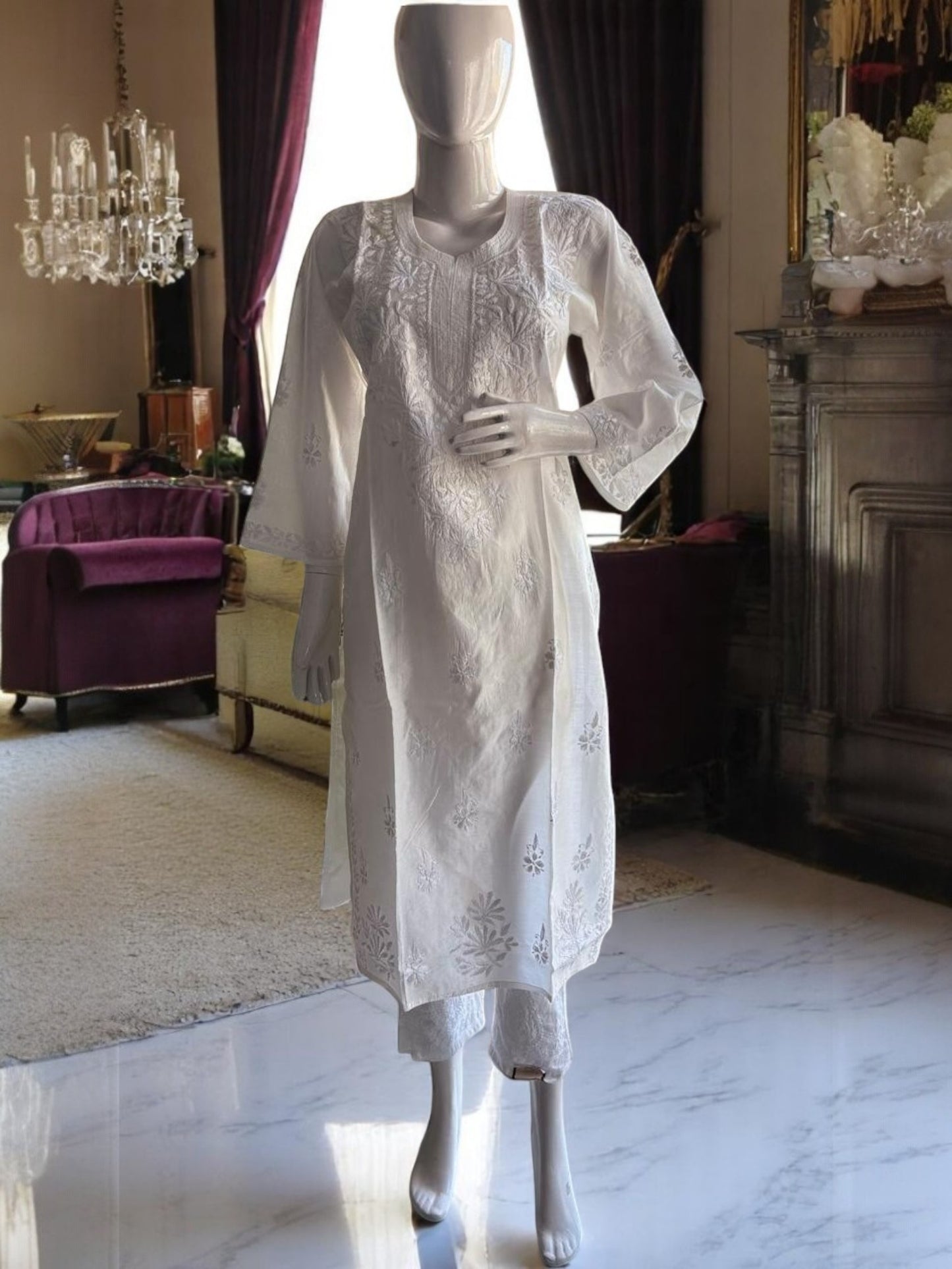 PURE CHANDERI COTTON KURTI WITH HANDCRAFTED CHIKANKARI