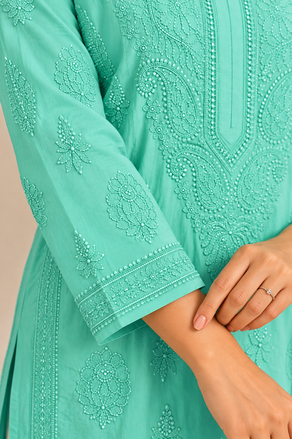 MUSLIN CHIKANKARI KURTI WITH SHADOW WORK - SEA GREEN