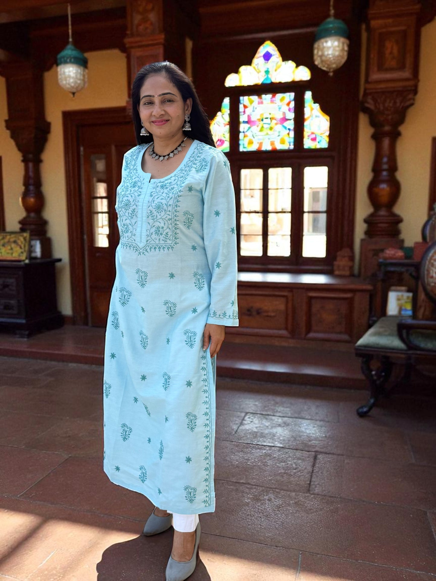 RAJASI AQUA BLUE HAND-EMBROIDERED CHIKANKARI KURTA