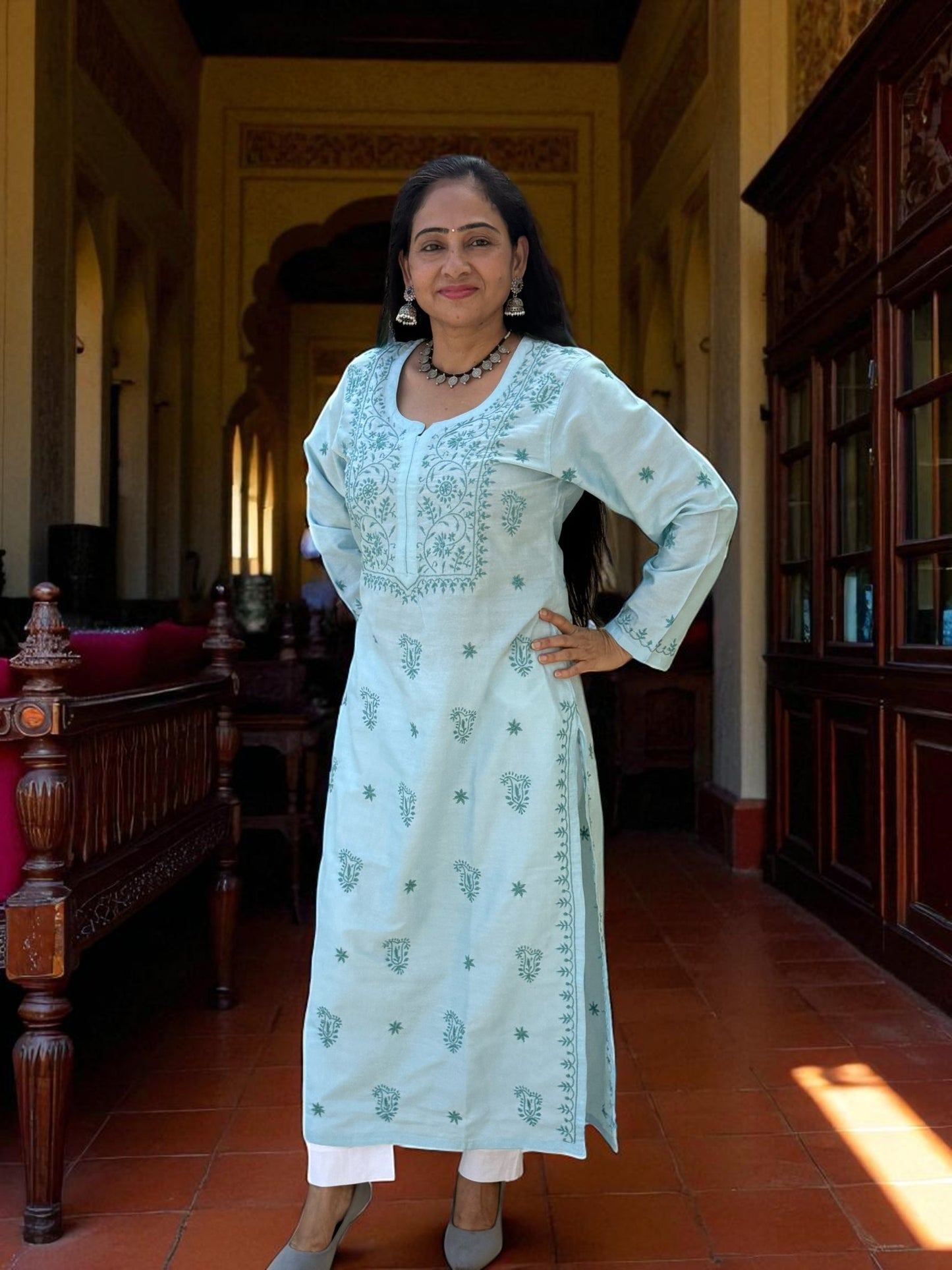 RAJASI AQUA BLUE HAND-EMBROIDERED CHIKANKARI KURTA