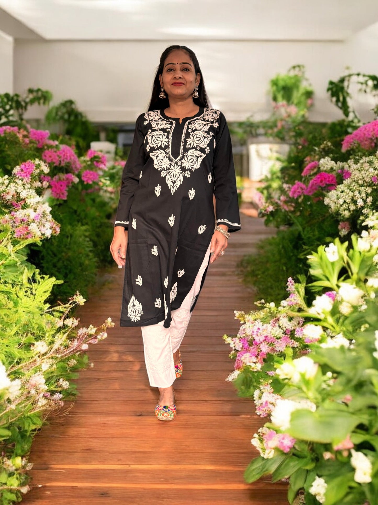 BLACK NIRVI COTTON CHIKANKARI STRAIGHT KURTI