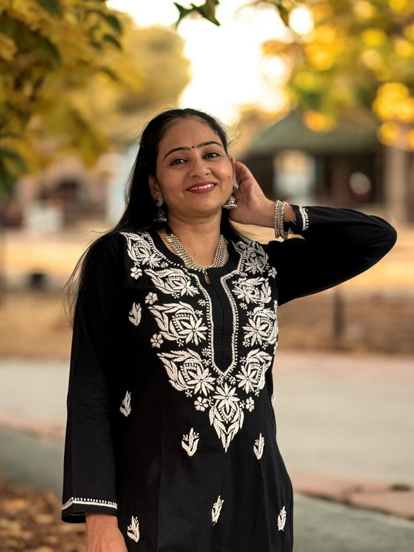 BLACK NIRVI COTTON CHIKANKARI STRAIGHT KURTI