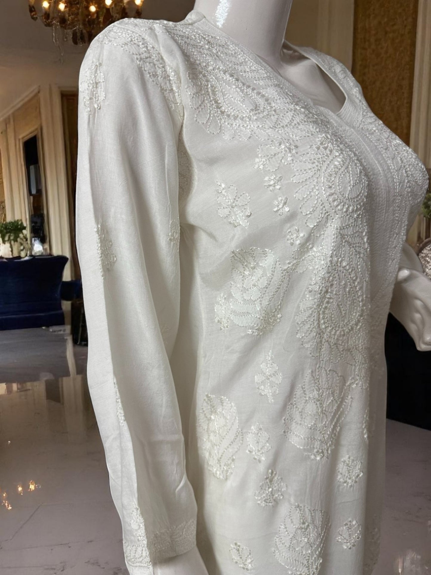 WHITE MUSLIN CHIKANKARI KURTI WITH BACK STITCH