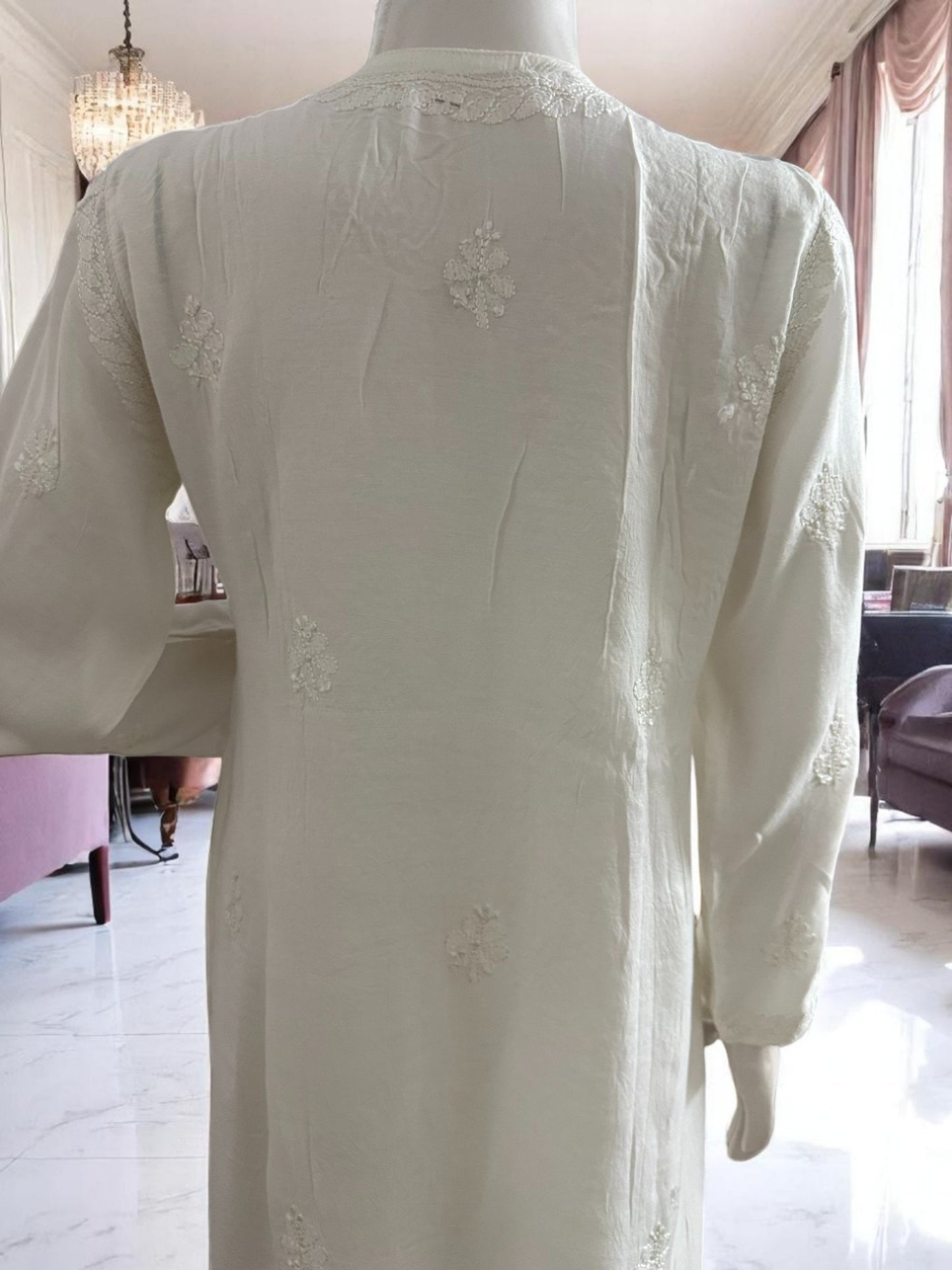 WHITE MUSLIN CHIKANKARI KURTI WITH BACK STITCH