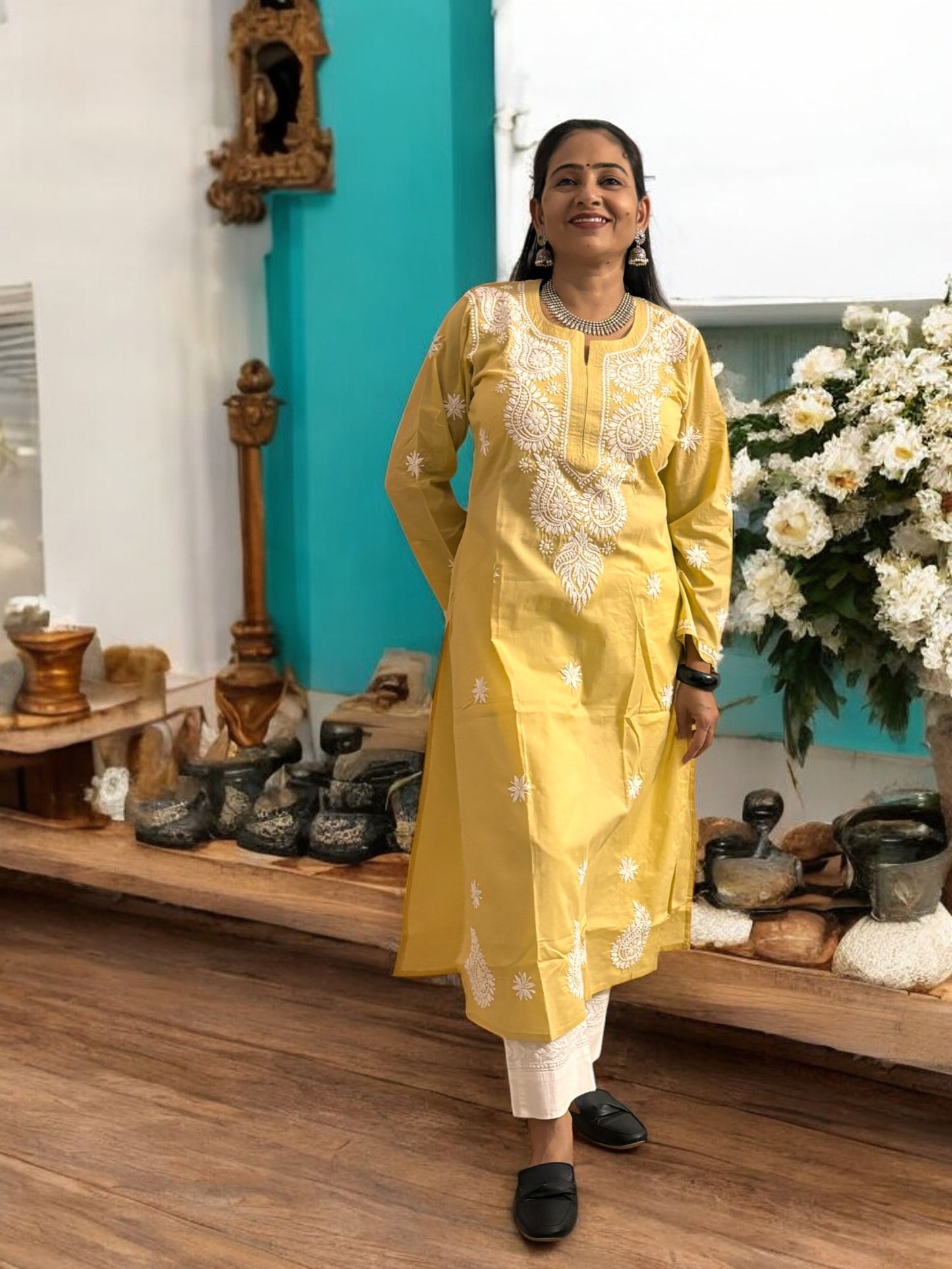 BEIGE NIRVI COTTON CHIKANKARI STRAIGHT KURTI