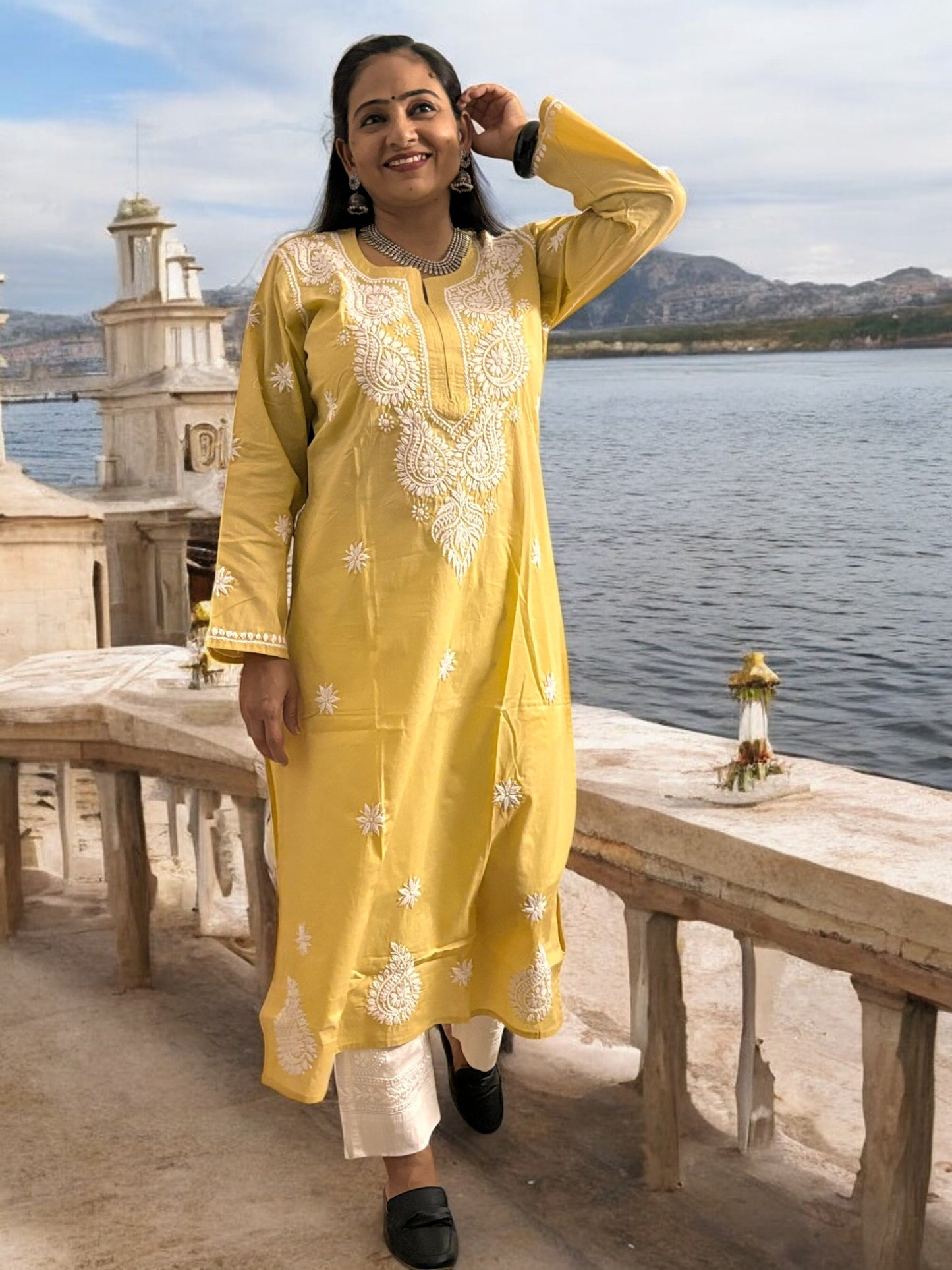BEIGE NIRVI COTTON CHIKANKARI STRAIGHT KURTI