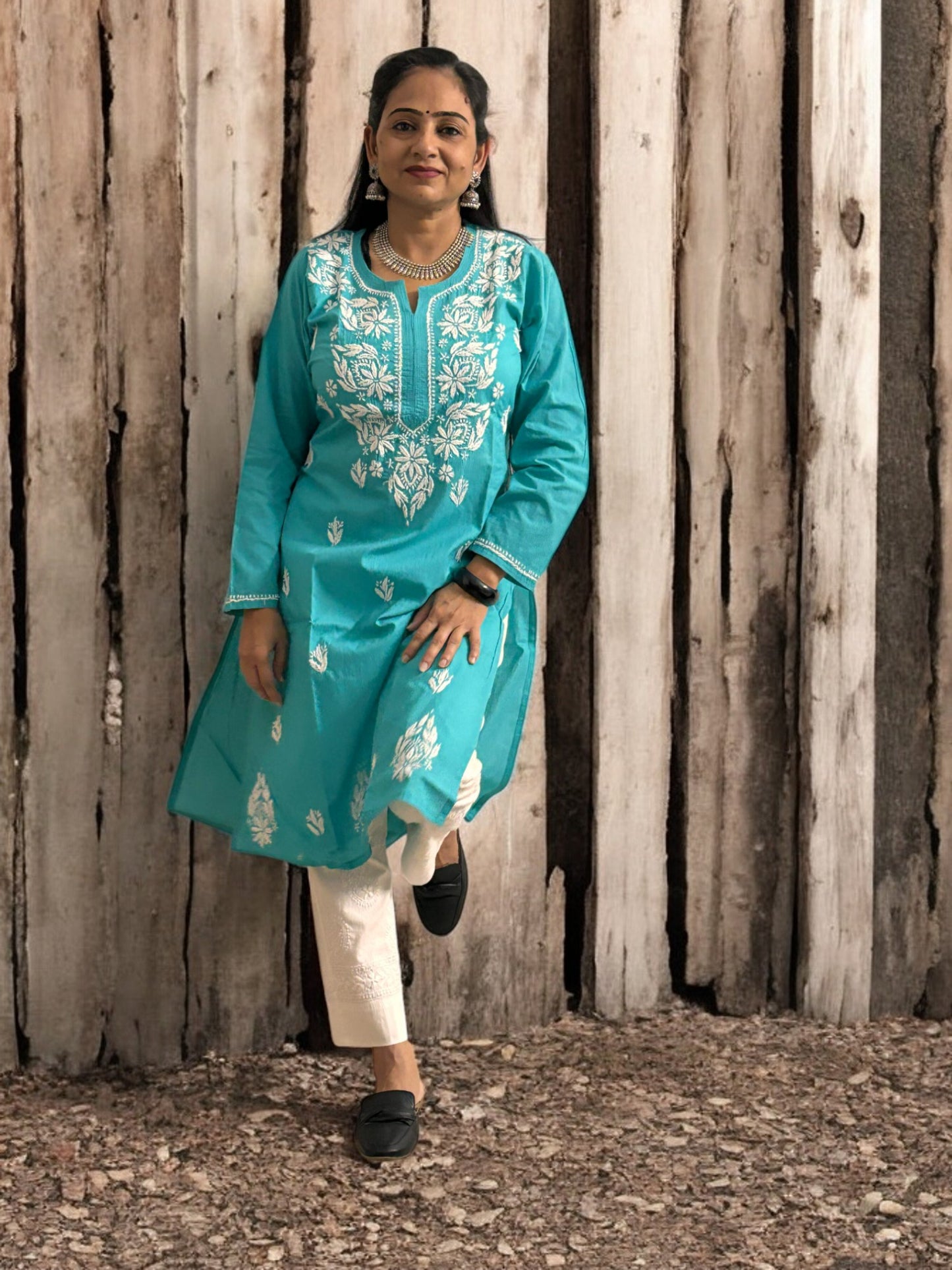TURQUOISE BLUE NIRVI COTTON CHIKANKARI STRAIGHT KURTI