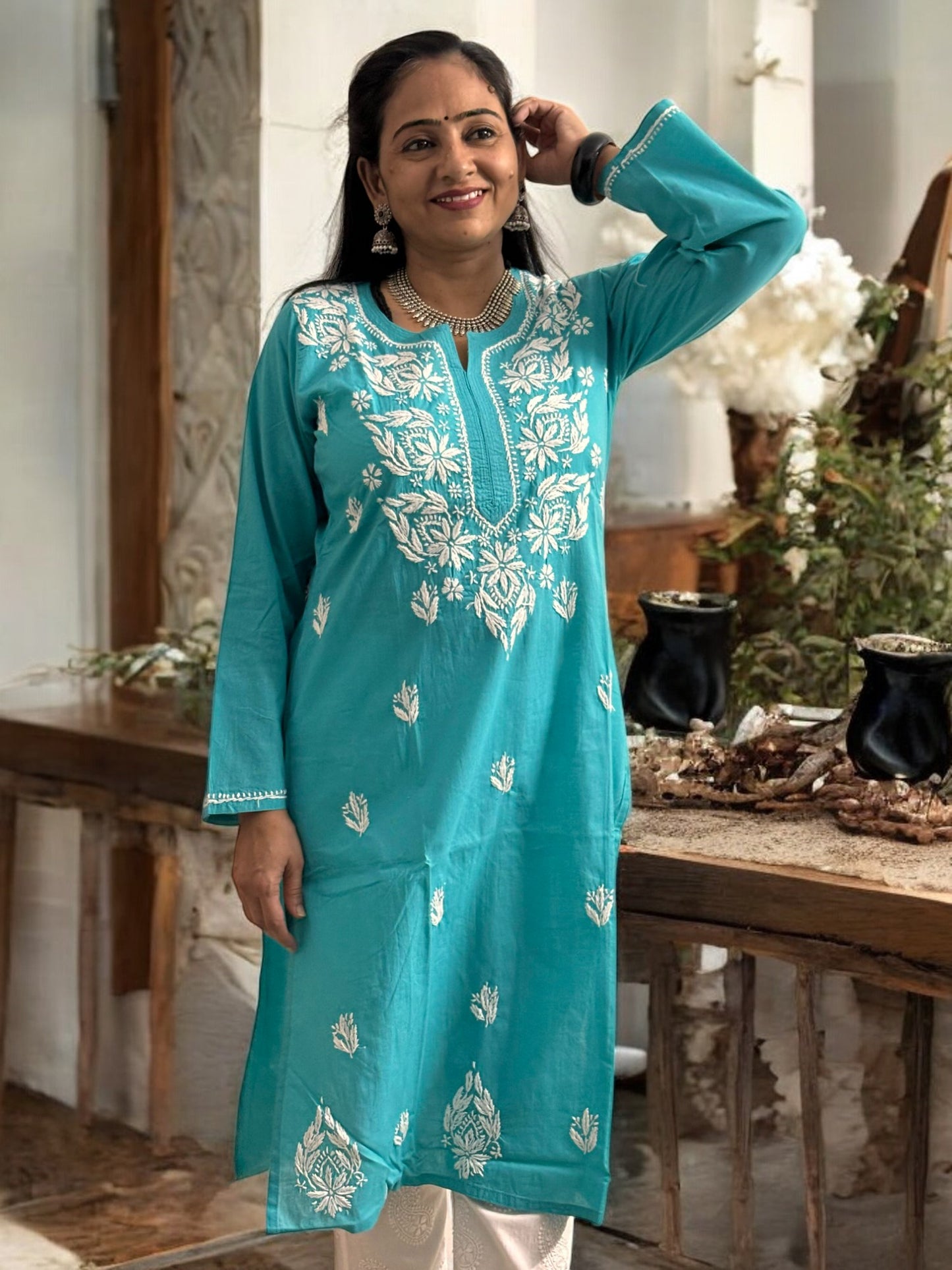 TURQUOISE BLUE NIRVI COTTON CHIKANKARI STRAIGHT KURTI