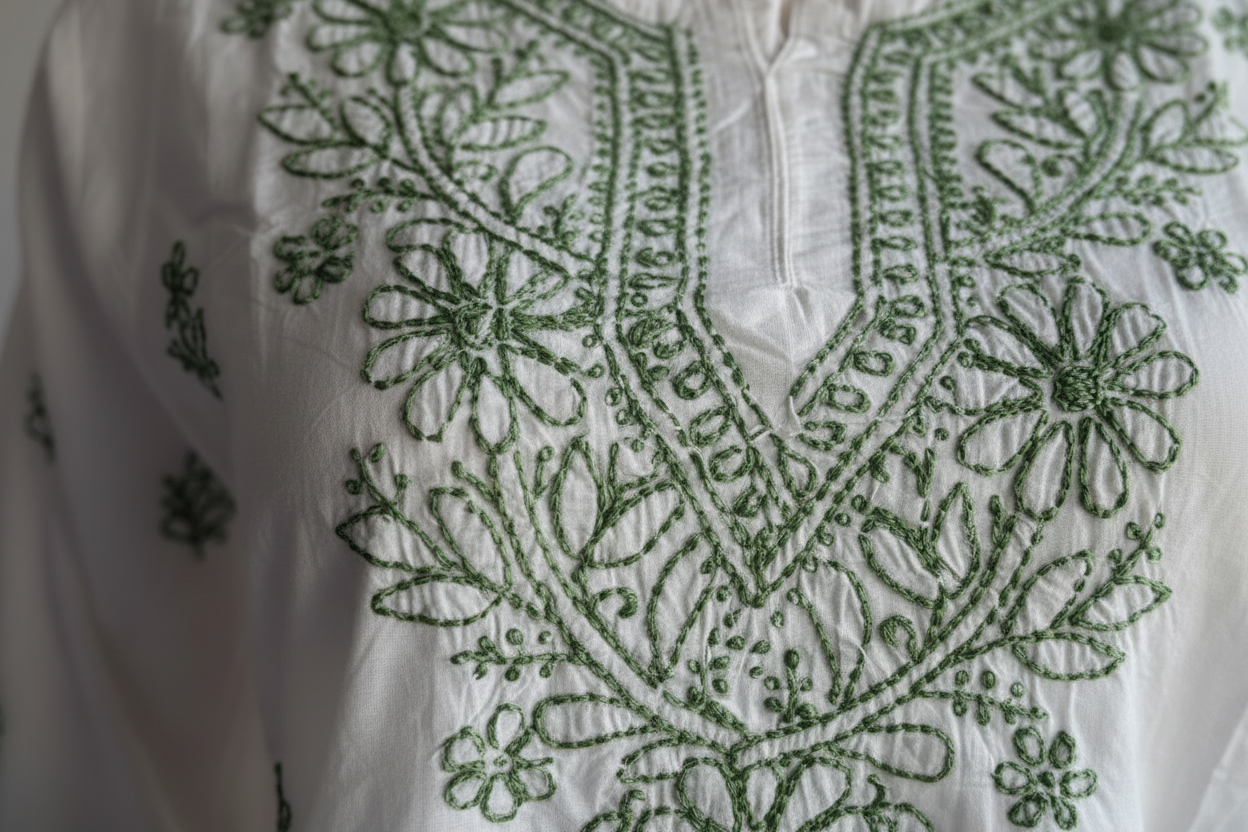 SHORT CHIKANKARI KURTI - LEAF GREEN ON WHITE
