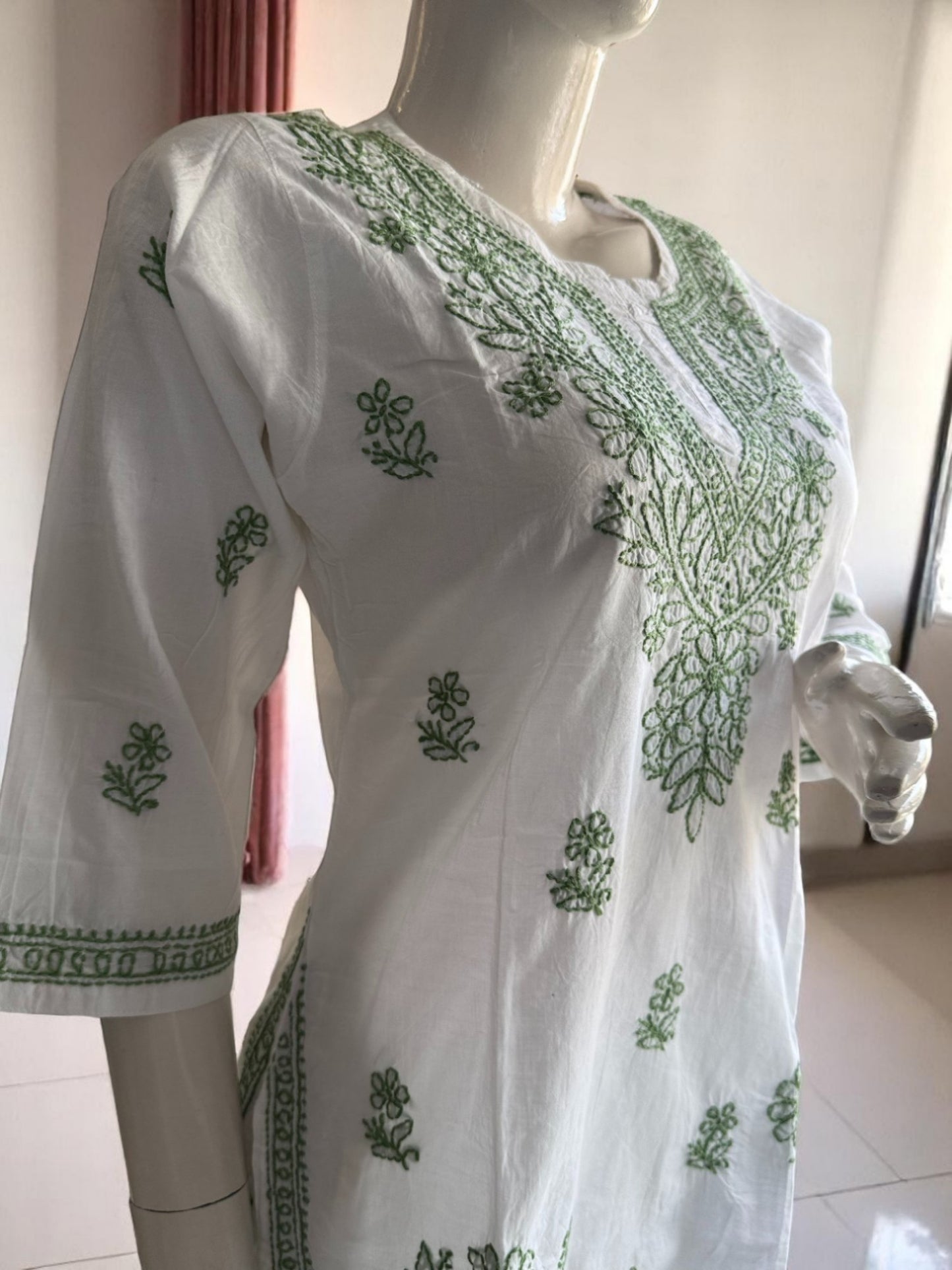 SHORT CHIKANKARI KURTI - LEAF GREEN ON WHITE