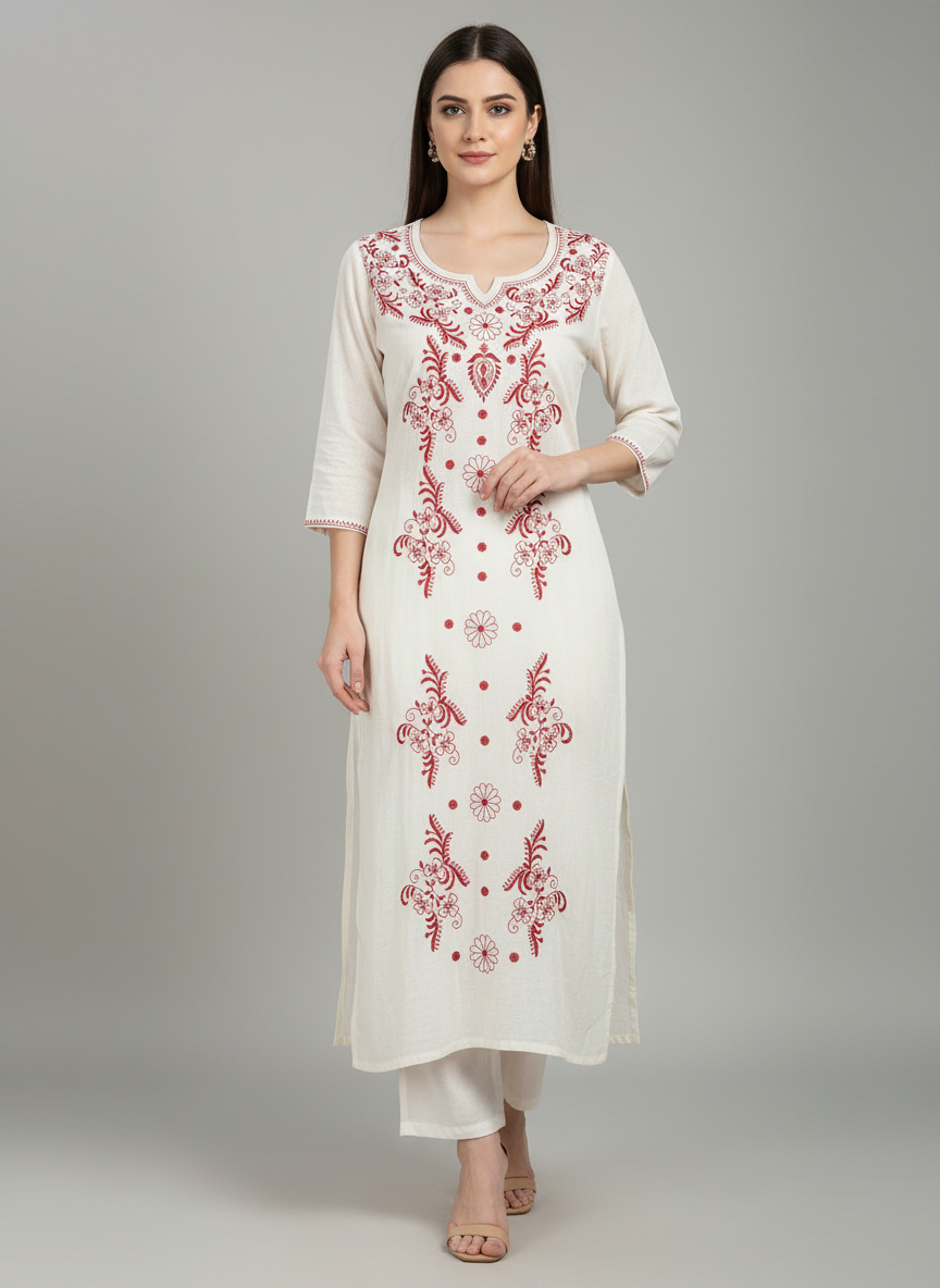 TISSUE COTTON PREMIUM HAND-EMBROIDERED CHIKANKARI KURTA -WINE
