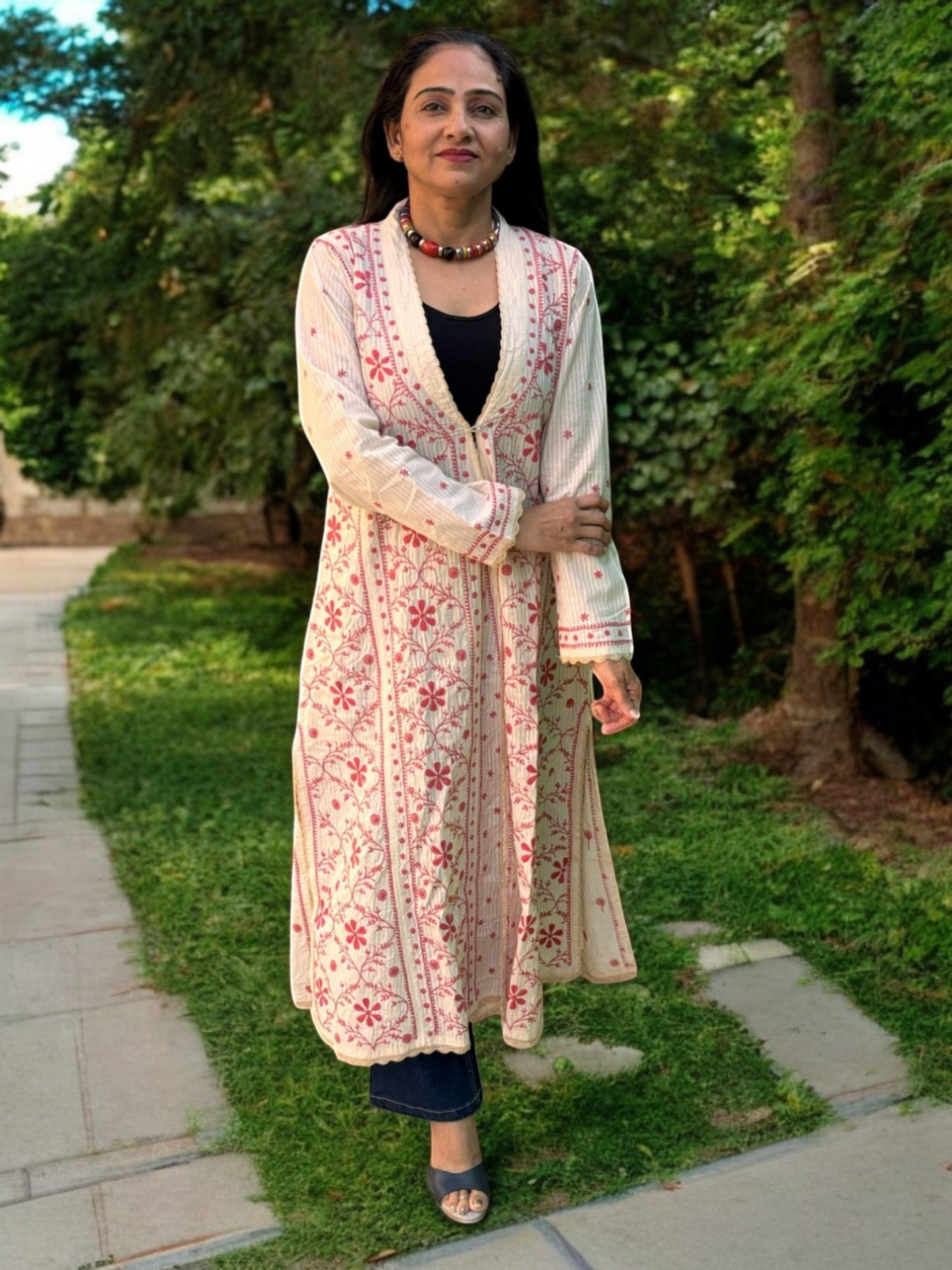 EXCLUSIVE CREAM COLOR LONG NOORI JACKET WITH HANDCRAFTED CHIKANKARI