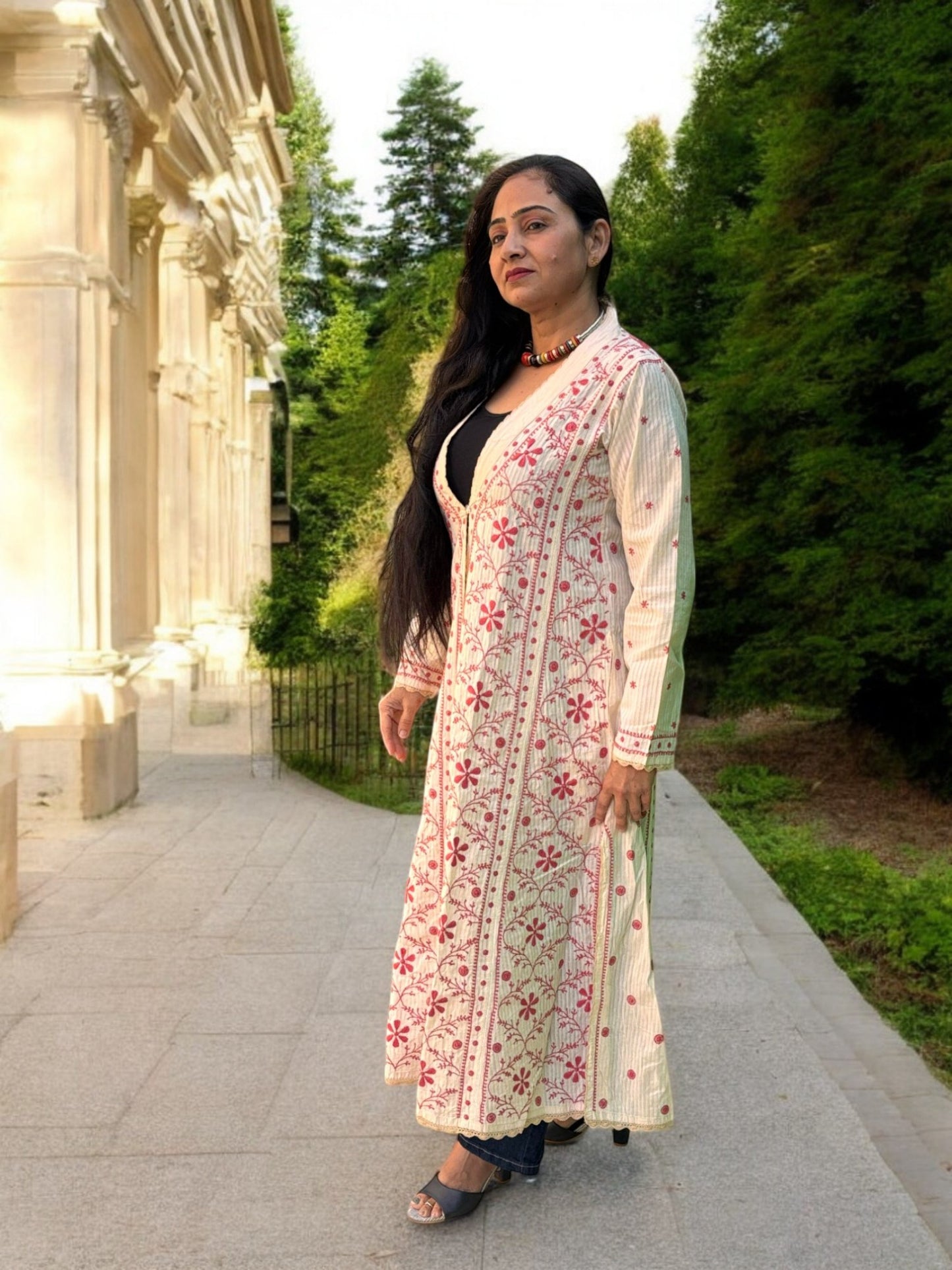 EXCLUSIVE CREAM COLOR LONG NOORI JACKET WITH HANDCRAFTED CHIKANKARI