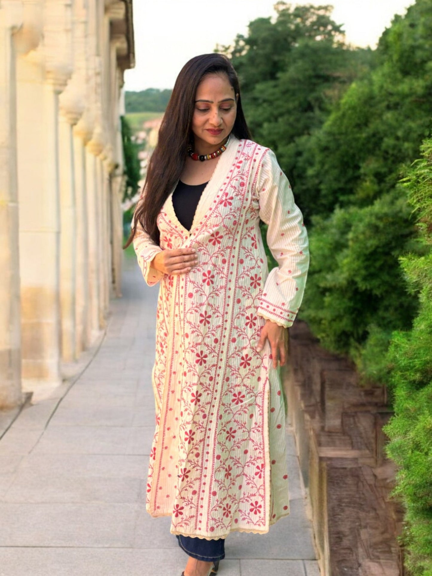 EXCLUSIVE CREAM COLOR LONG NOORI JACKET WITH HANDCRAFTED CHIKANKARI