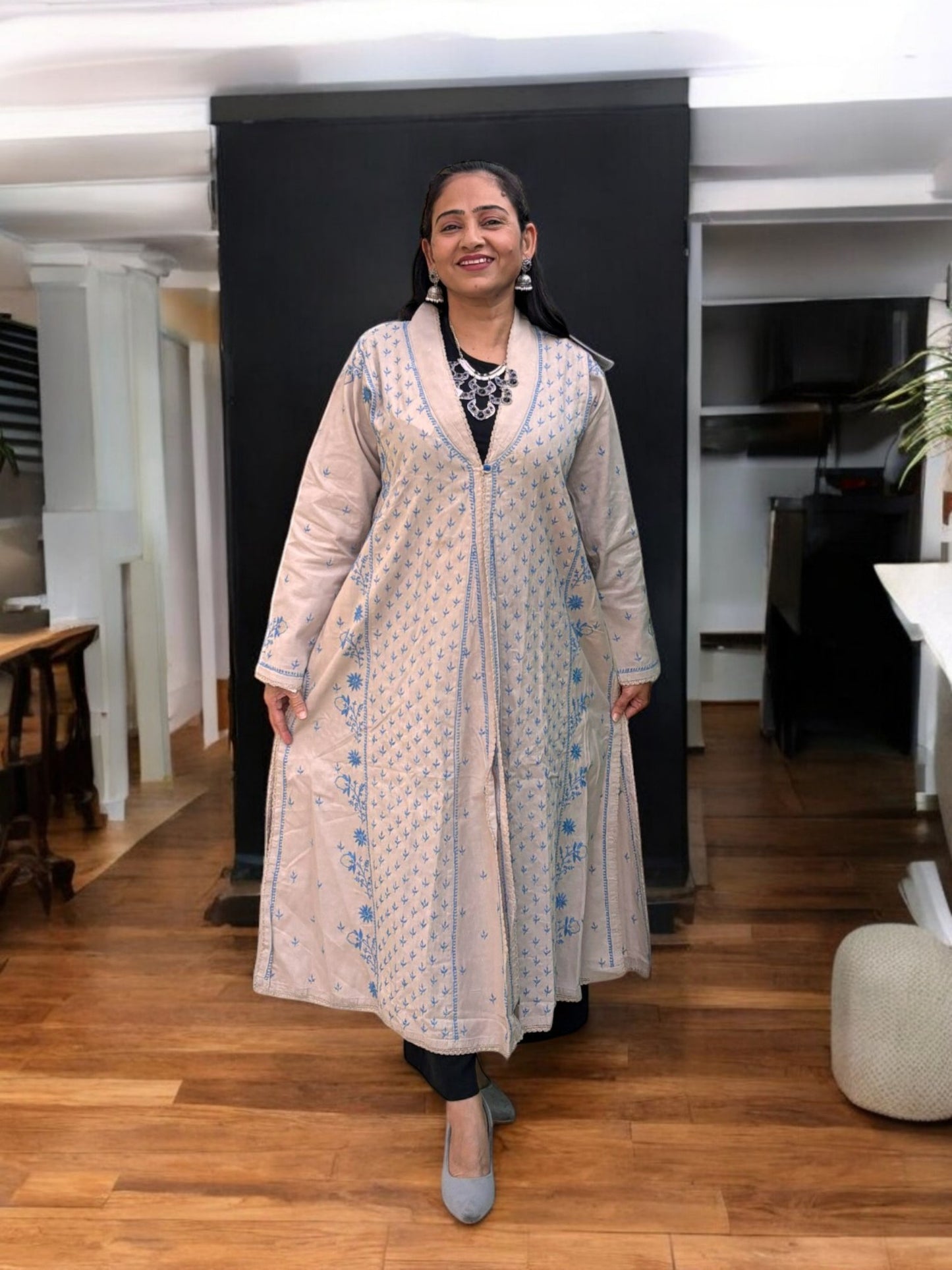 EXCLUSIVE GREY LONG NOORI COLOR JACKET WITH HANDCRAFTED CHIKANKARI