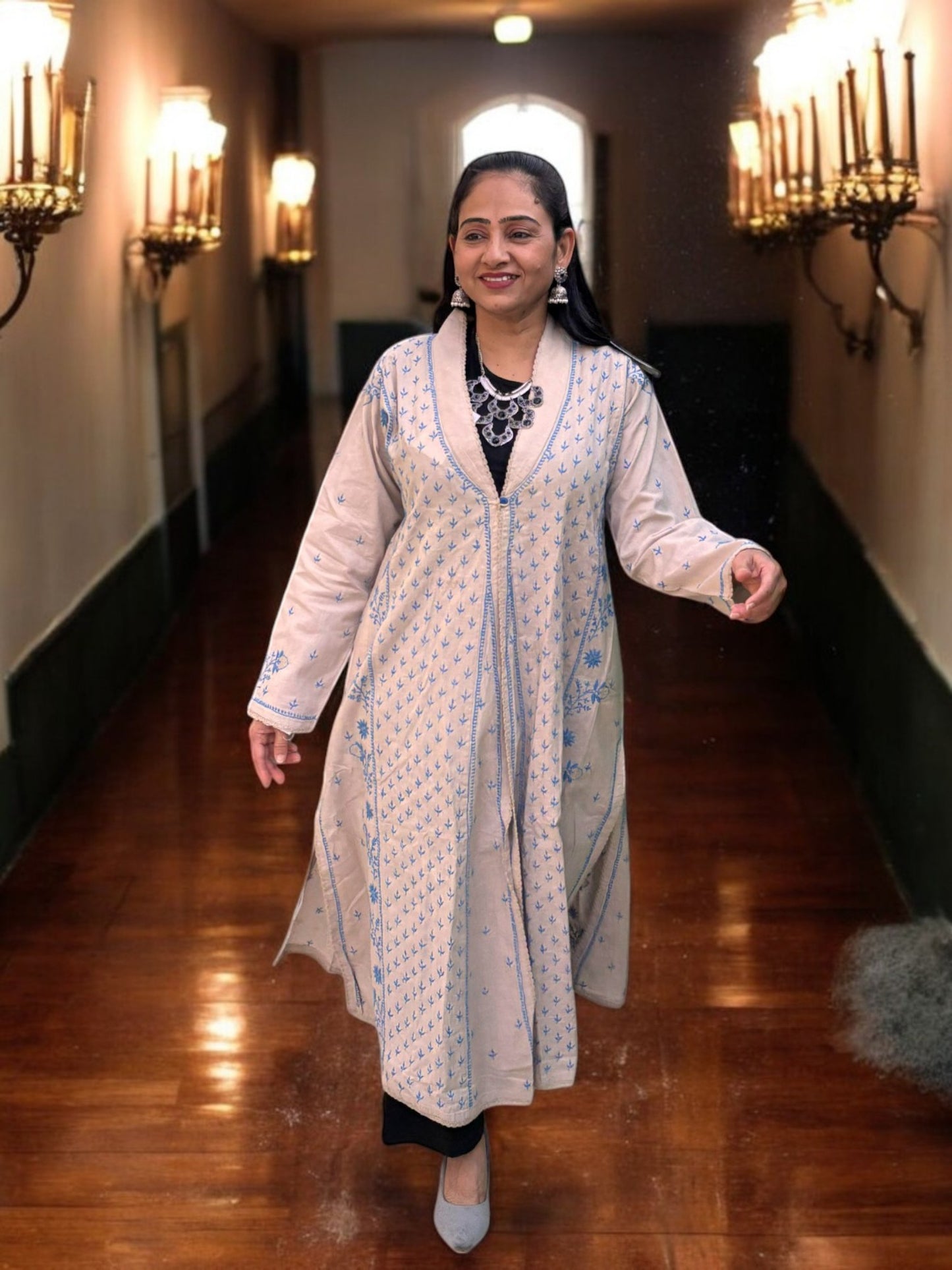 EXCLUSIVE GREY LONG NOORI COLOR JACKET WITH HANDCRAFTED CHIKANKARI