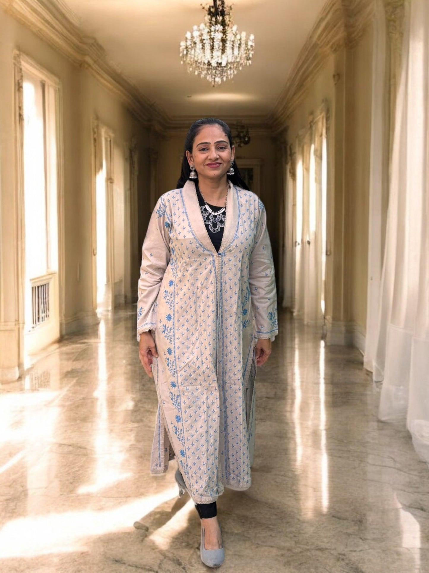 EXCLUSIVE GREY LONG NOORI COLOR JACKET WITH HANDCRAFTED CHIKANKARI