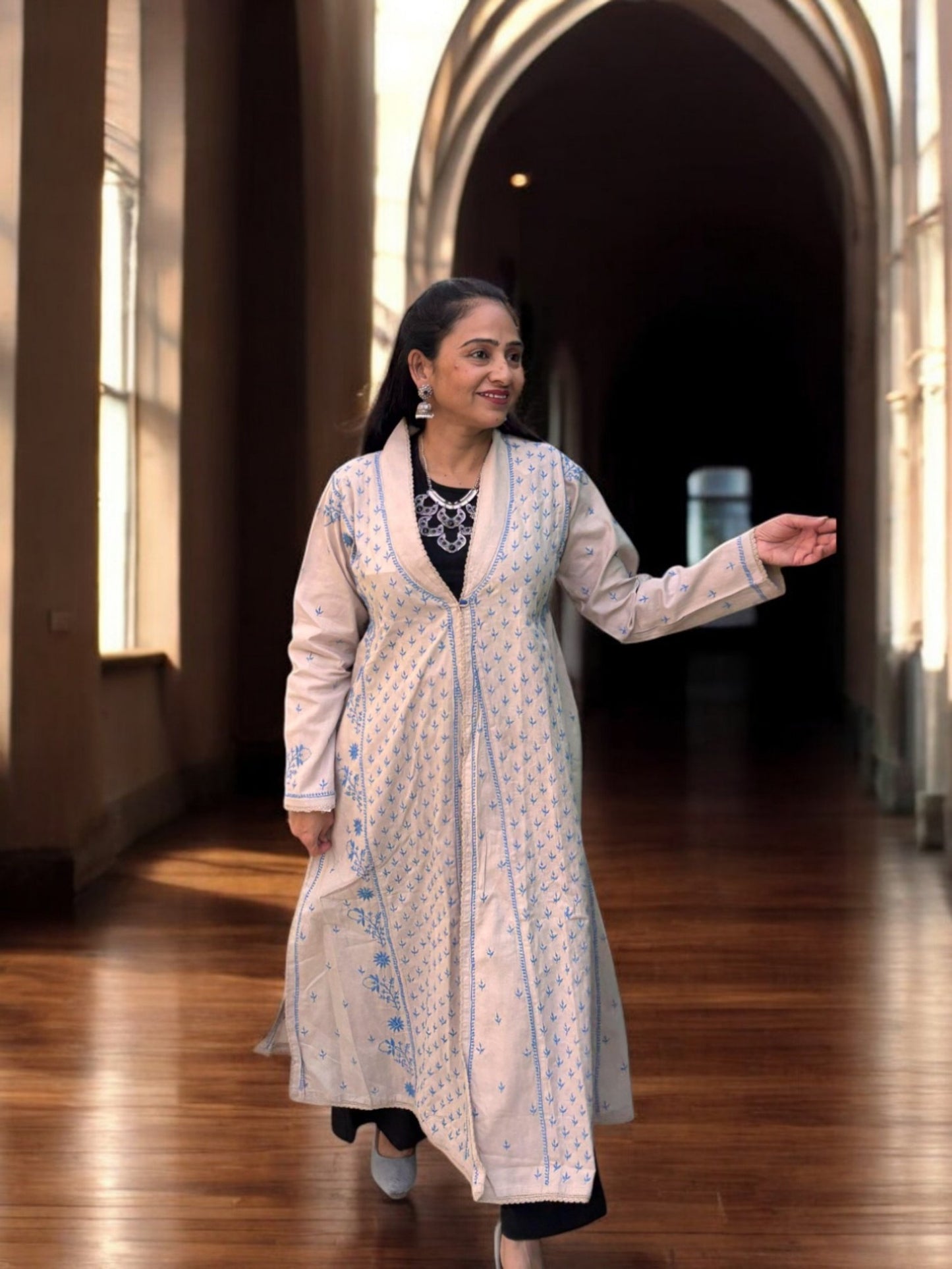 EXCLUSIVE GREY LONG NOORI COLOR JACKET WITH HANDCRAFTED CHIKANKARI