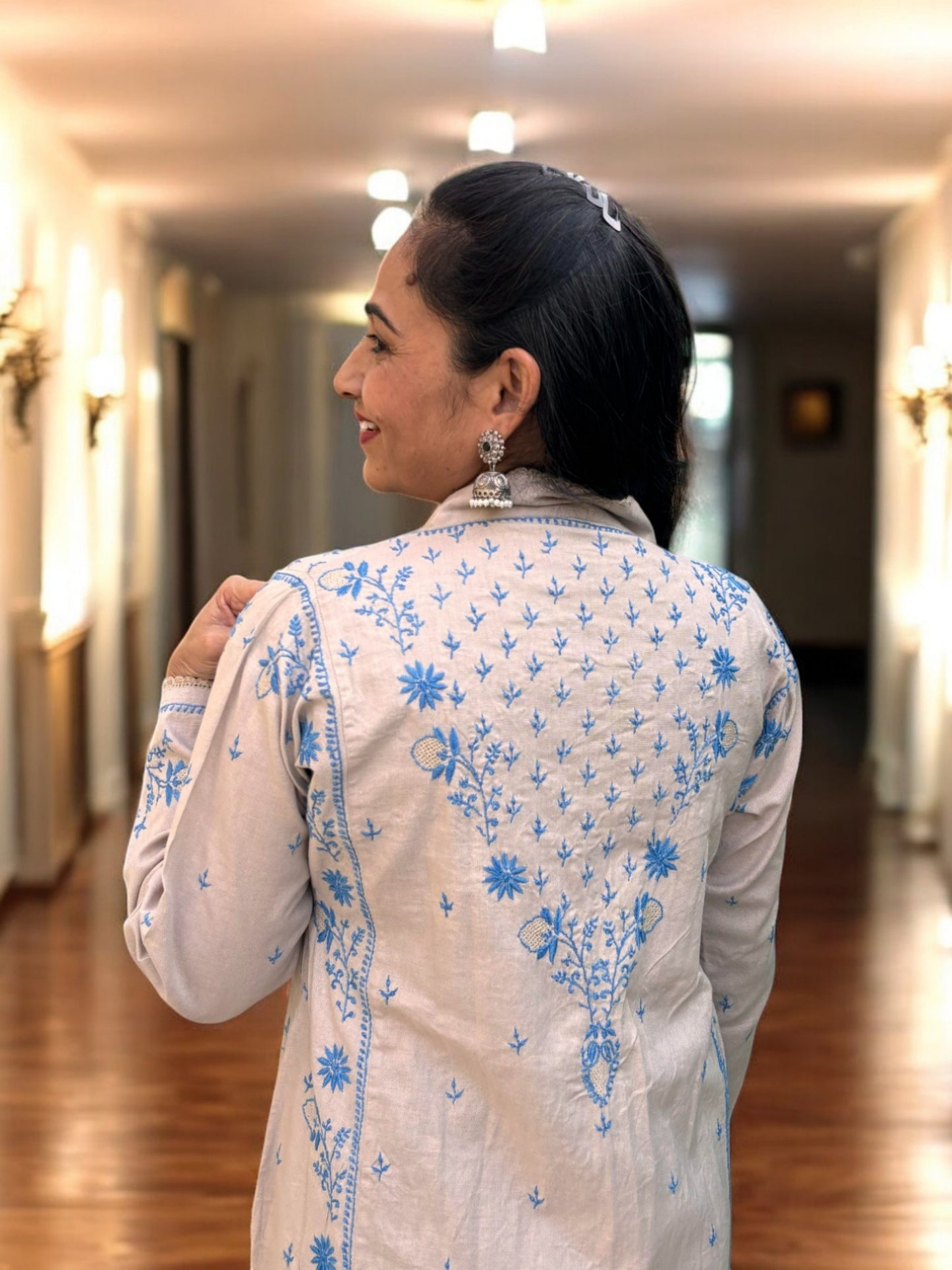 EXCLUSIVE GREY LONG NOORI COLOR JACKET WITH HANDCRAFTED CHIKANKARI