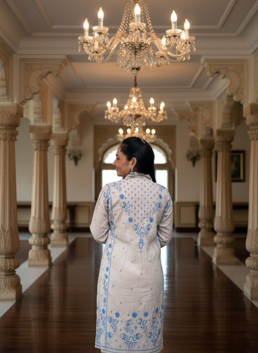 EXCLUSIVE GREY LONG NOORI COLOR JACKET WITH HANDCRAFTED CHIKANKARI