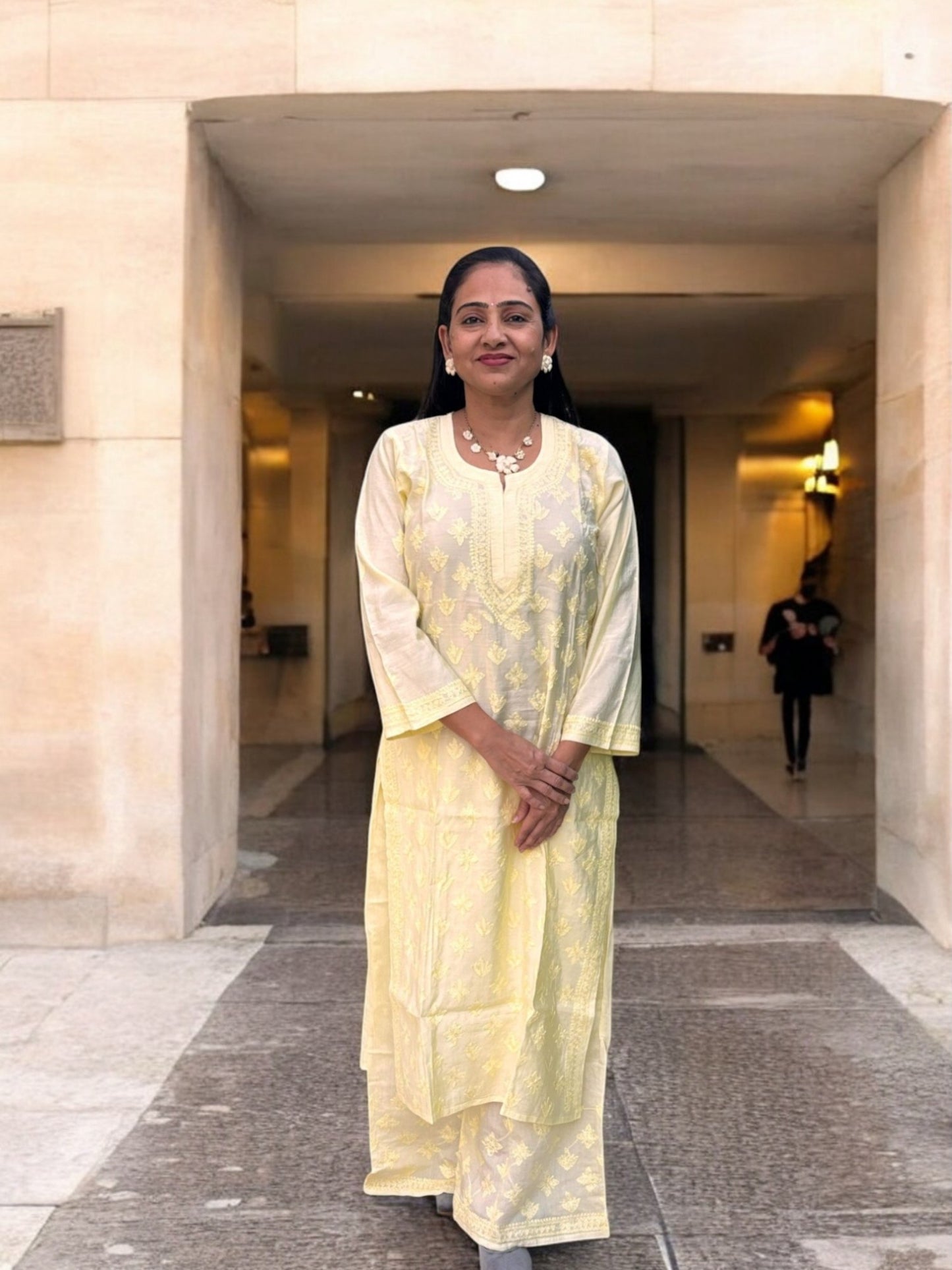 PASTEL YELLOW COLOR CHANDERI COTTON SUIT WITH CHIKANKARI 011