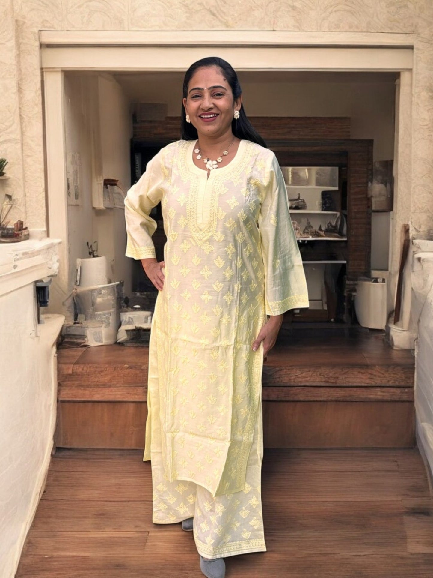 PASTEL YELLOW COLOR CHANDERI COTTON SUIT WITH CHIKANKARI 011