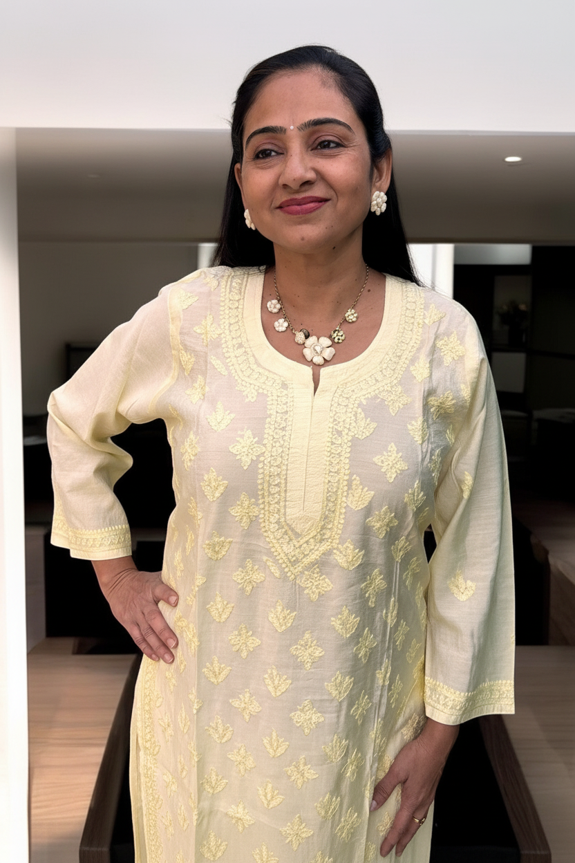 PASTEL YELLOW COLOR CHANDERI COTTON SUIT WITH CHIKANKARI 011
