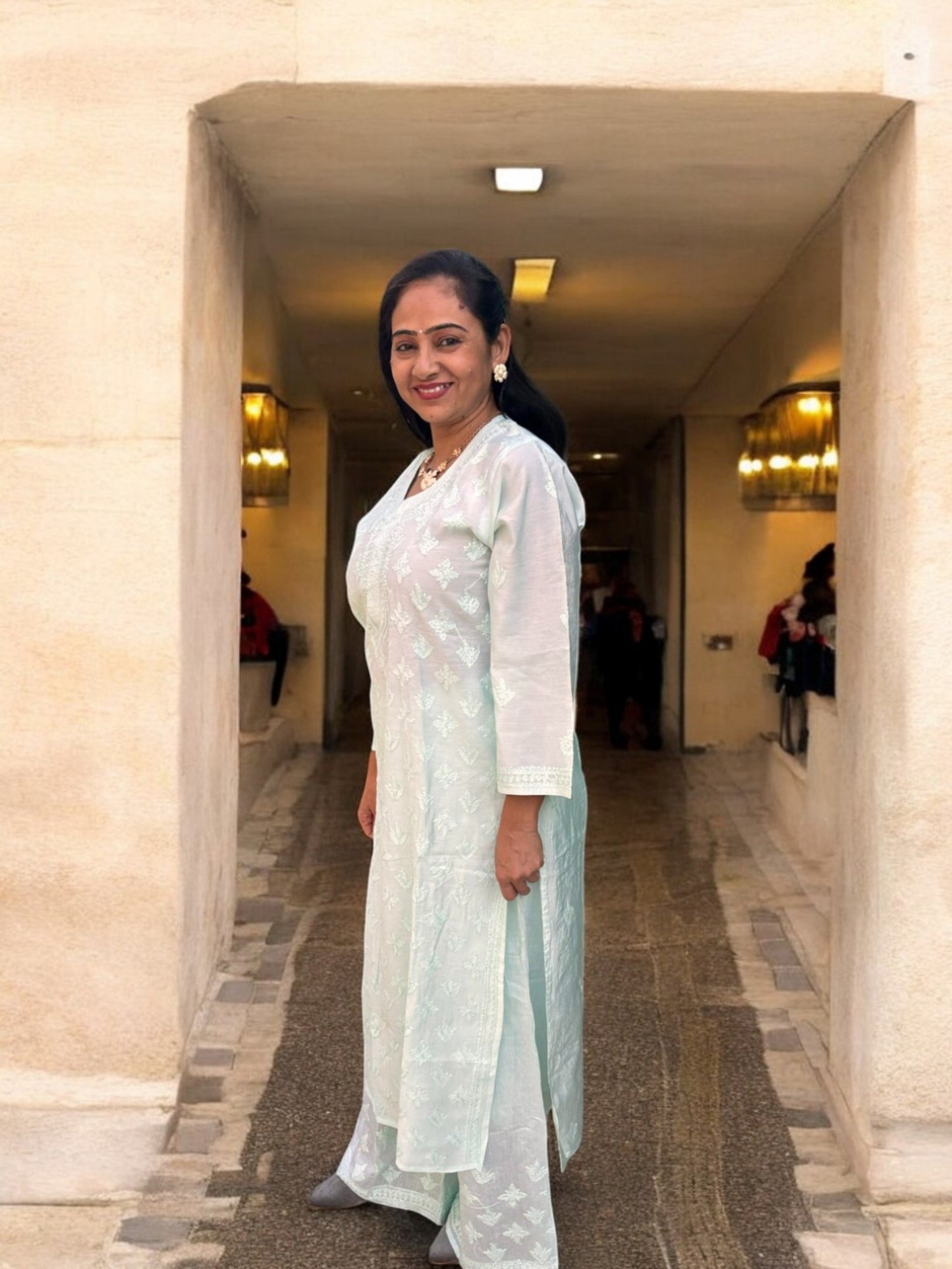 PASTEL BLUE COLOR CHANDERI COTTON SUIT WITH CHIKANKARI