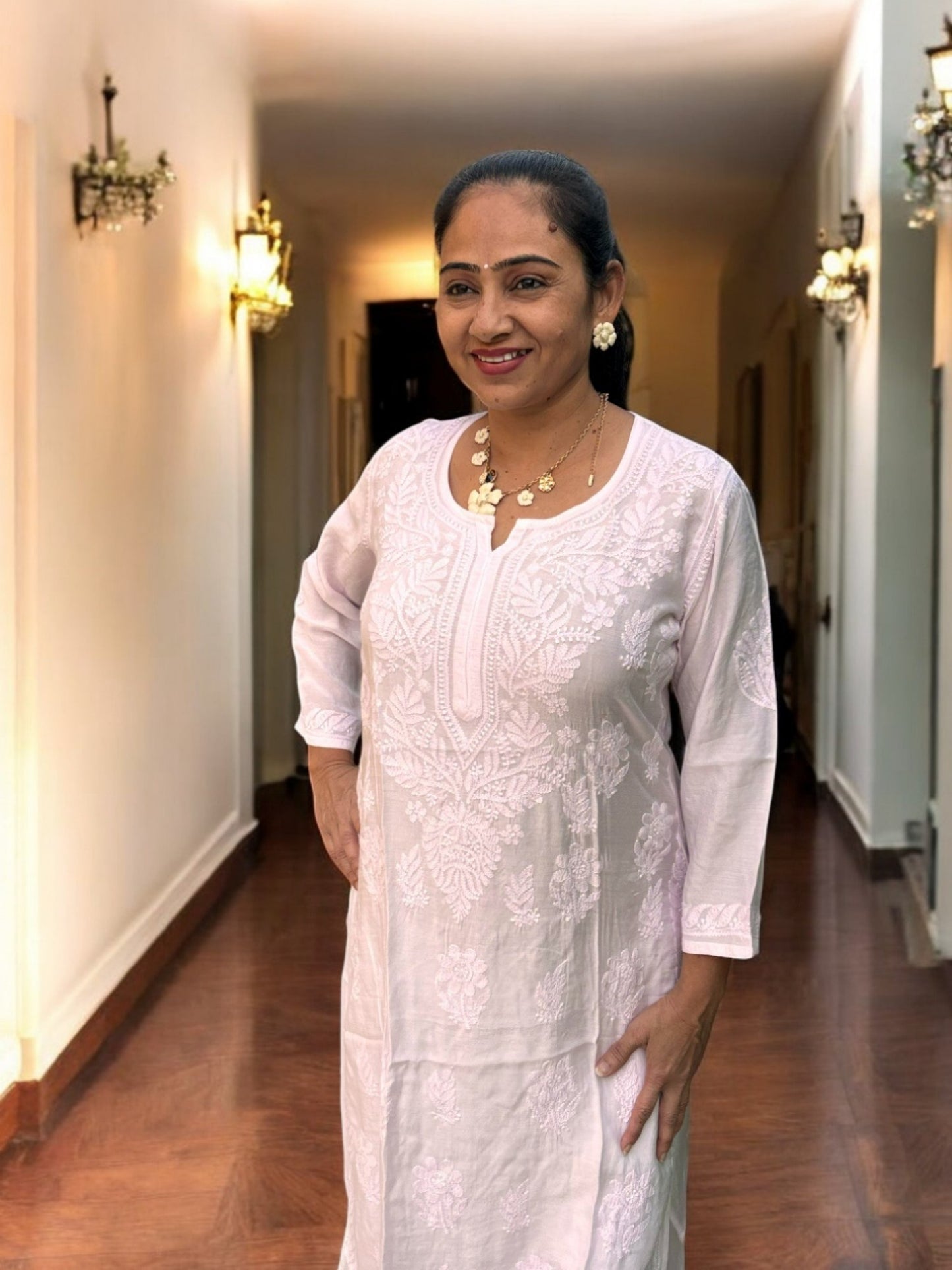 PASTEL PINK MUSLIN CHIKANKARI KURTI