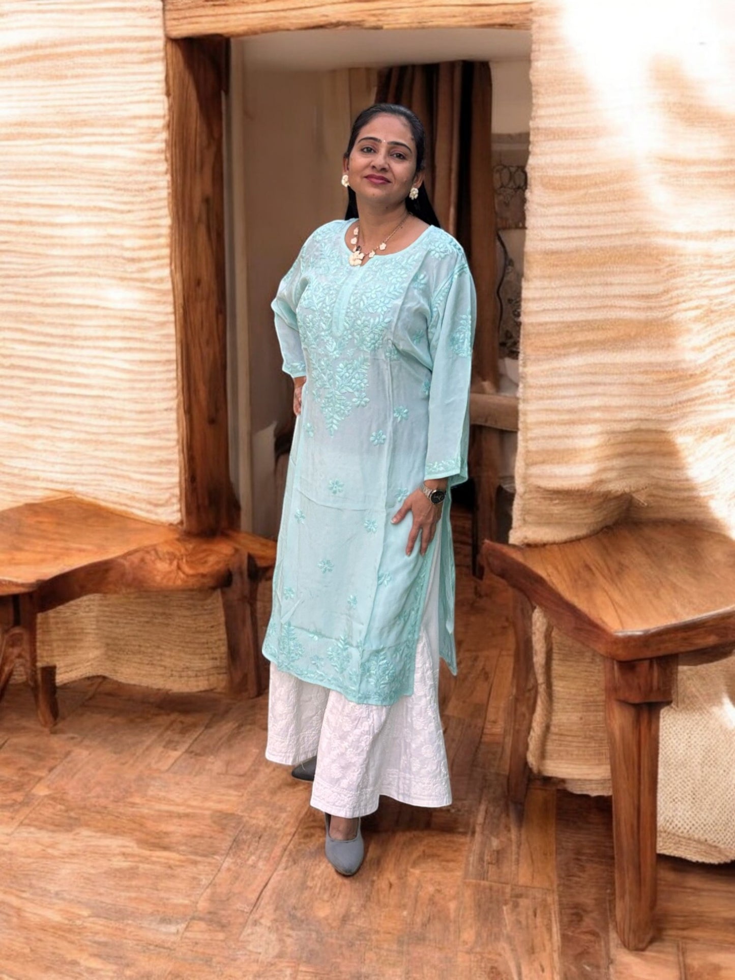 PASTEL BLUE SATIN CHIKANKARI KURTI
