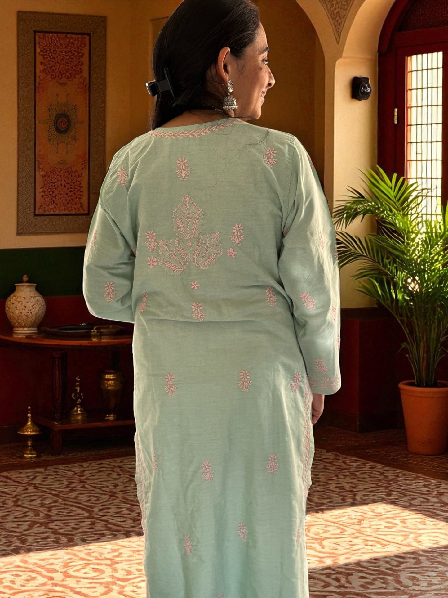RAJASI PASTEL GREEN CHIKANKARI KURTI