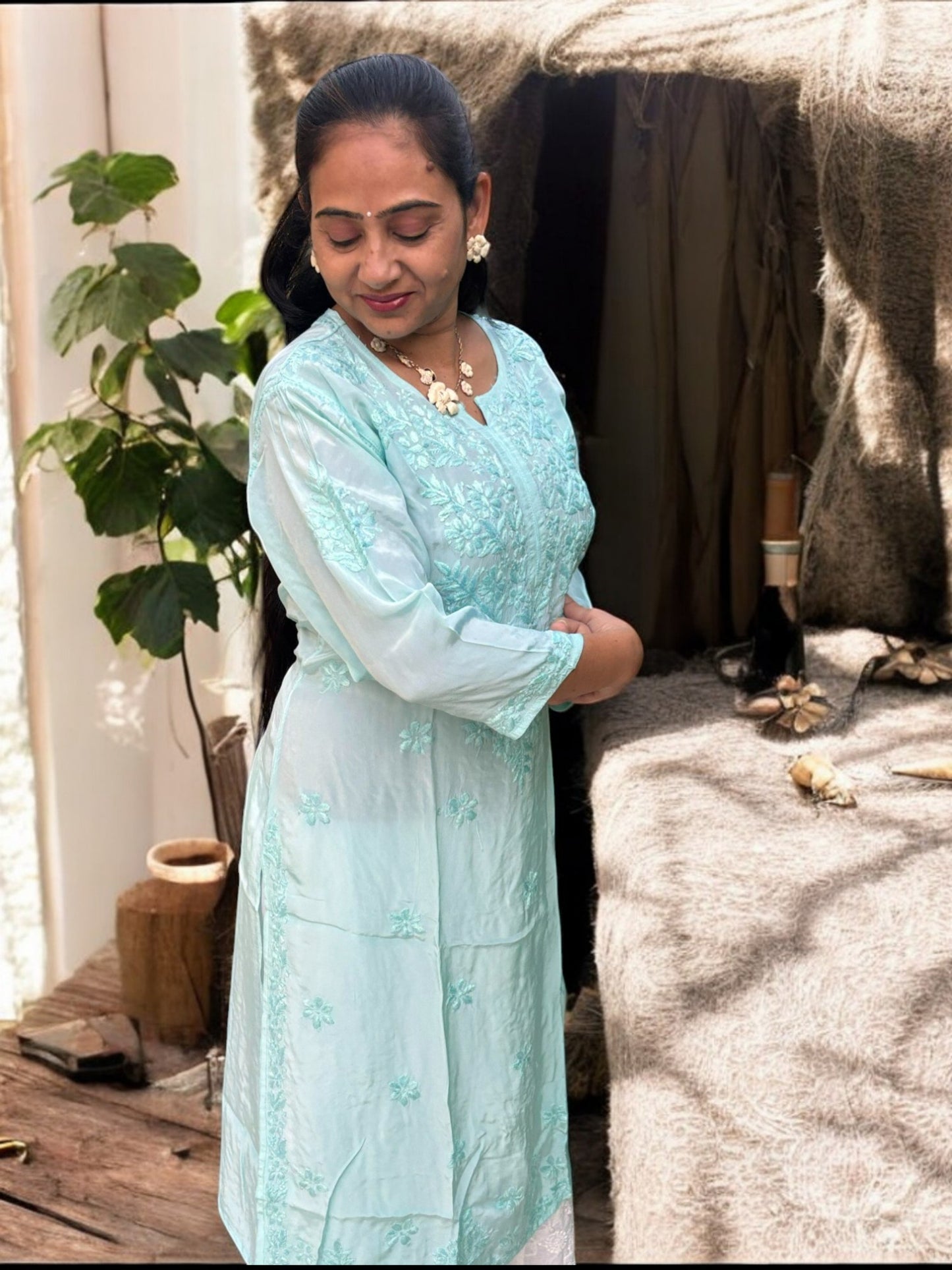 PASTEL BLUE SATIN CHIKANKARI KURTI