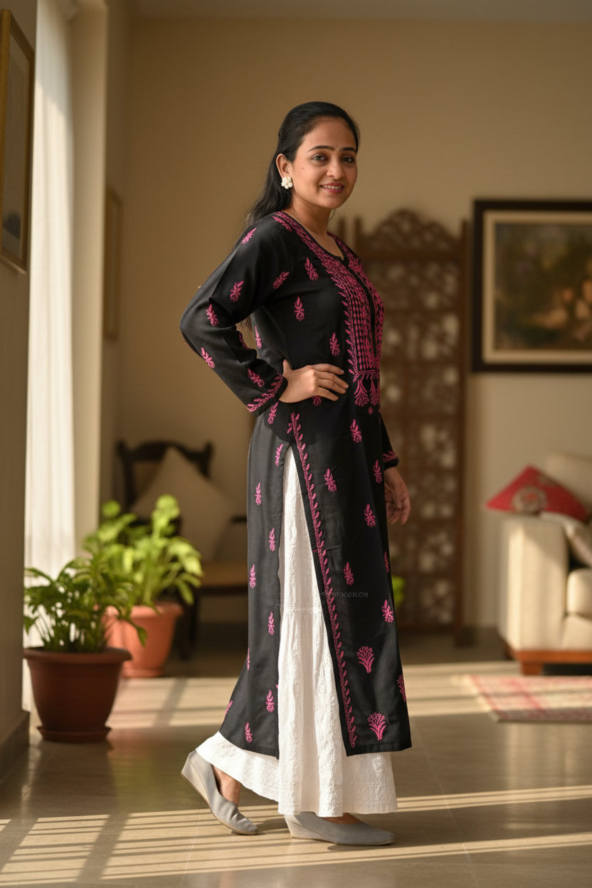 BLACK NOORI STYLE HANDCRAFTED CHIKANKARI STRAIGHT KURTI
