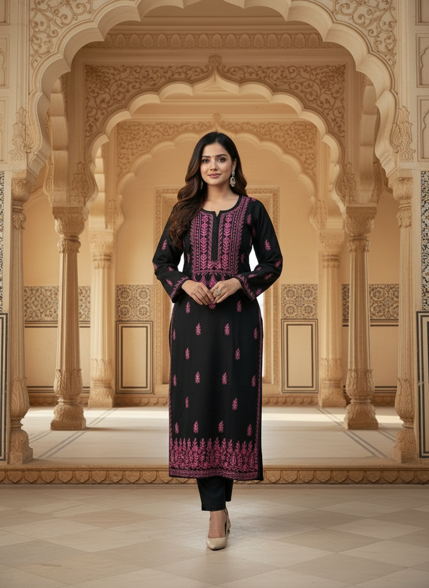 BLACK NOORI STYLE HANDCRAFTED CHIKANKARI STRAIGHT KURTI
