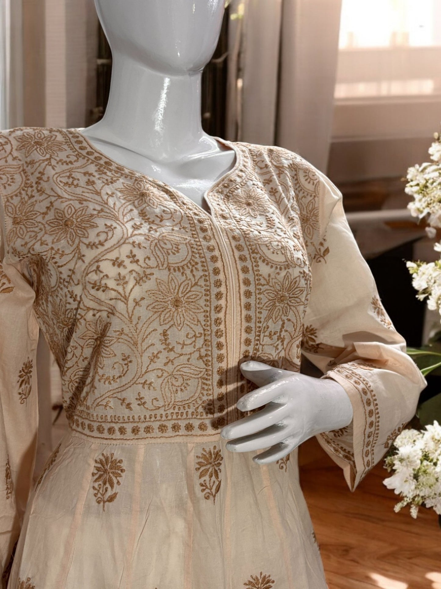 PREMIUM CHANDERI COTTON ANARKALI NOORI -COFFEE CREAM