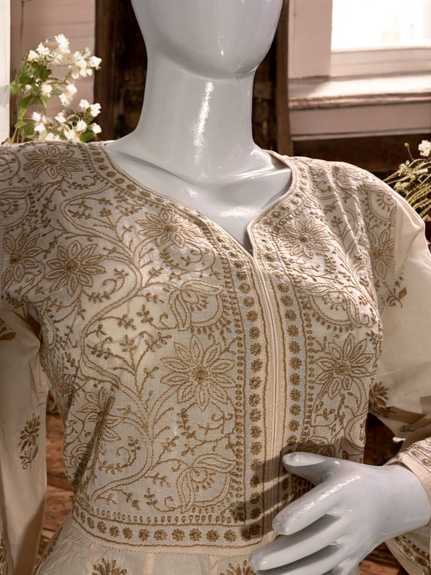 PREMIUM CHANDERI COTTON ANARKALI NOORI -COFFEE CREAM