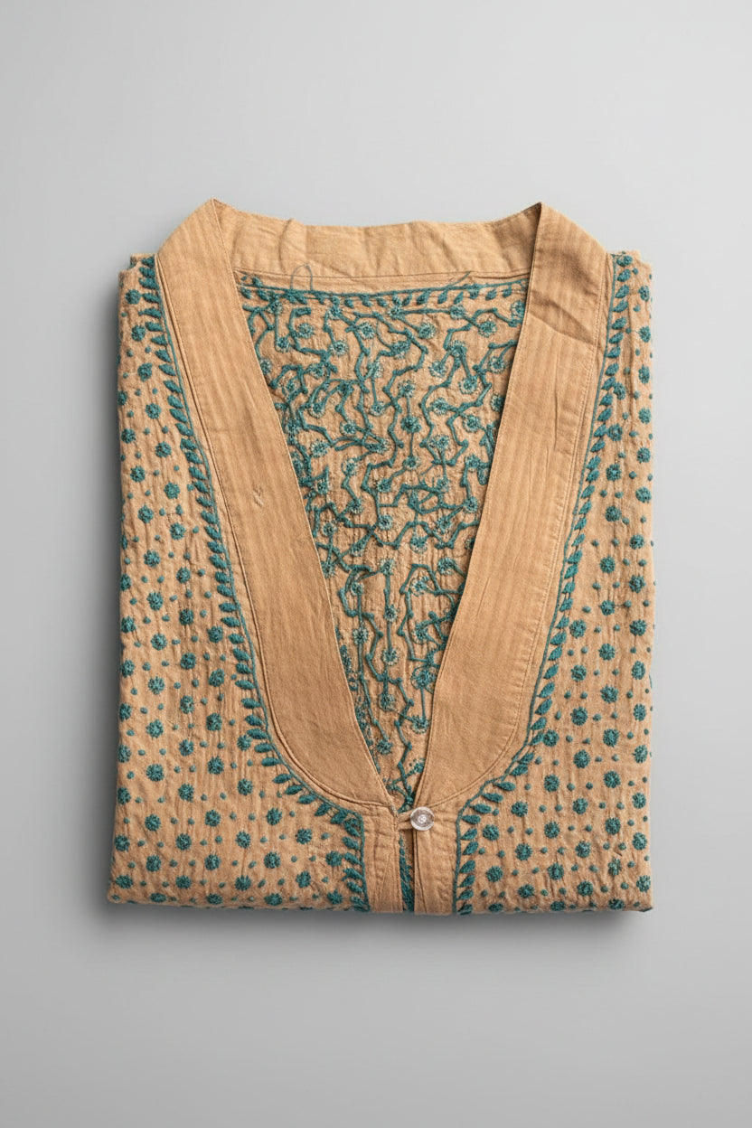 Exclusive Light Brown Long Noori Jacket | Handcrafted Chikankari Embroidery