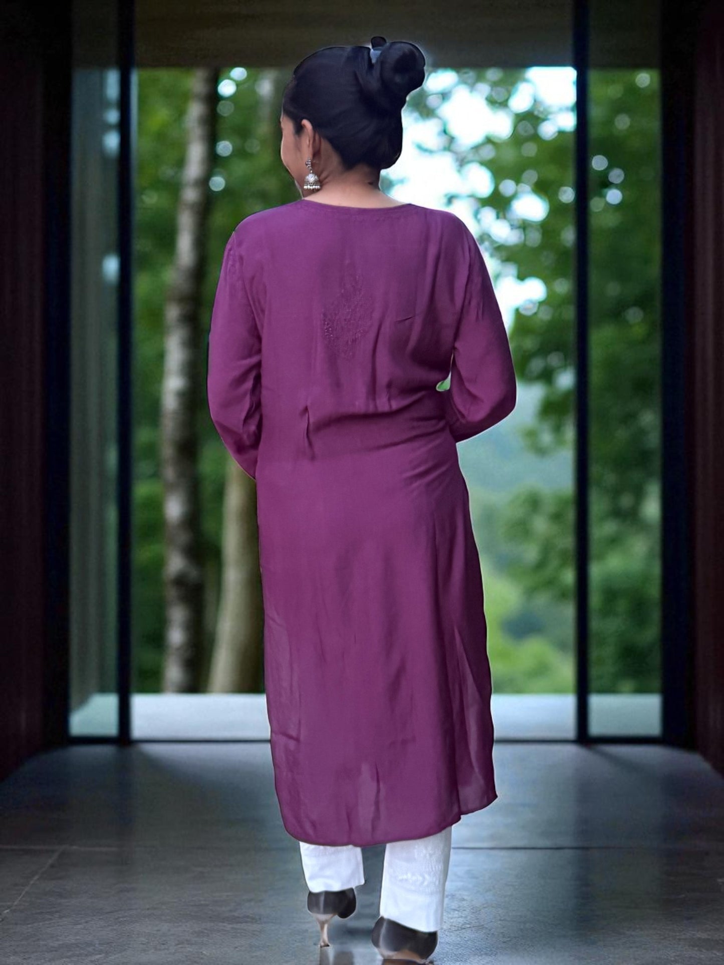 MUSLIN CHIKANKARI KURTI- DARK PURPLE