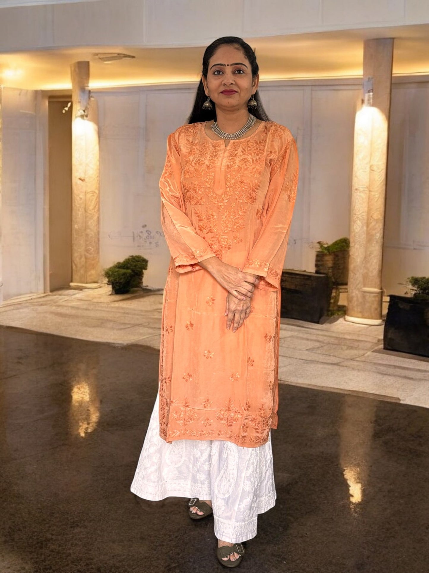 PASTEL BROWN SATIN CHIKANKARI KURTI