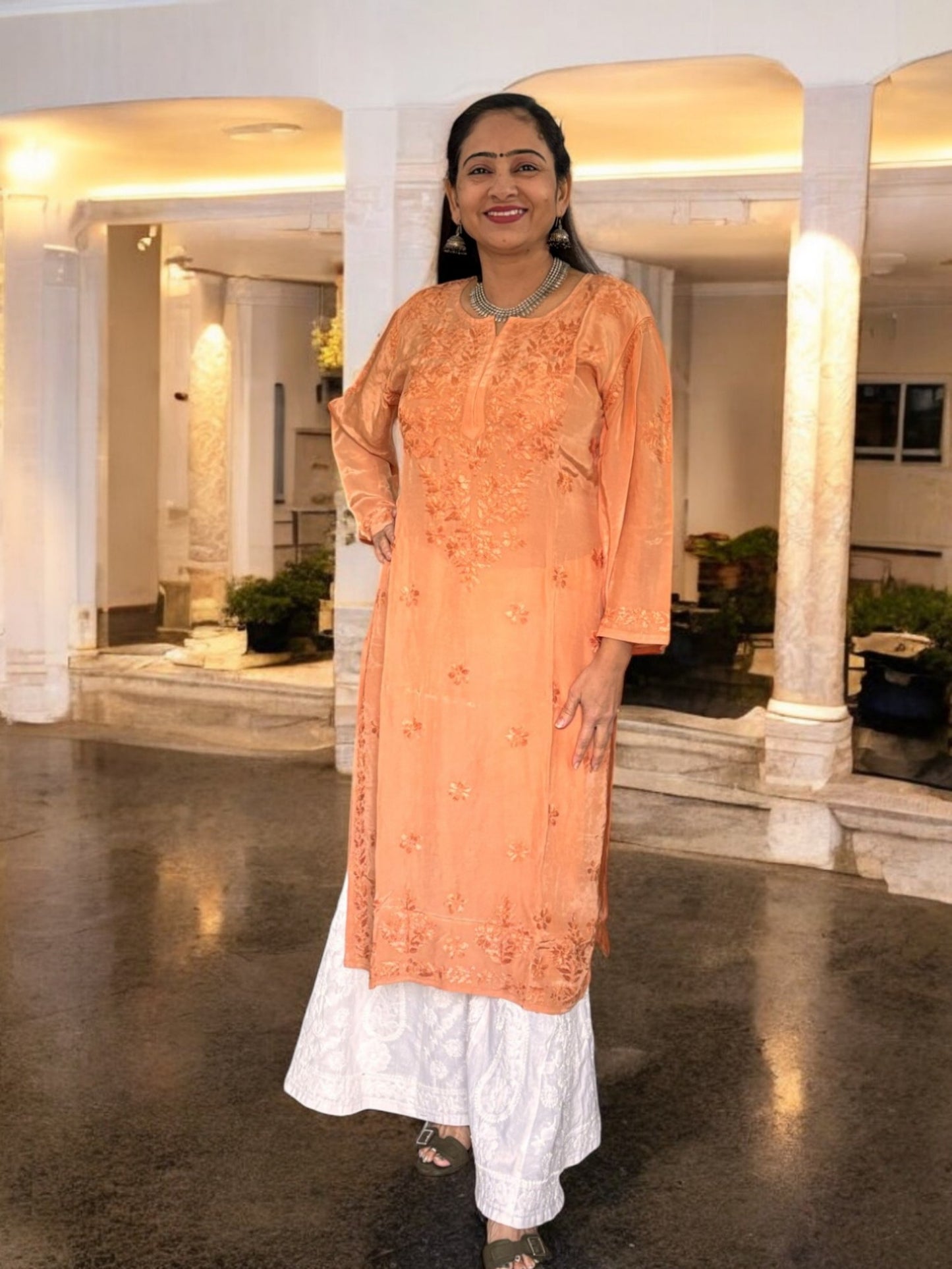 PASTEL BROWN SATIN CHIKANKARI KURTI