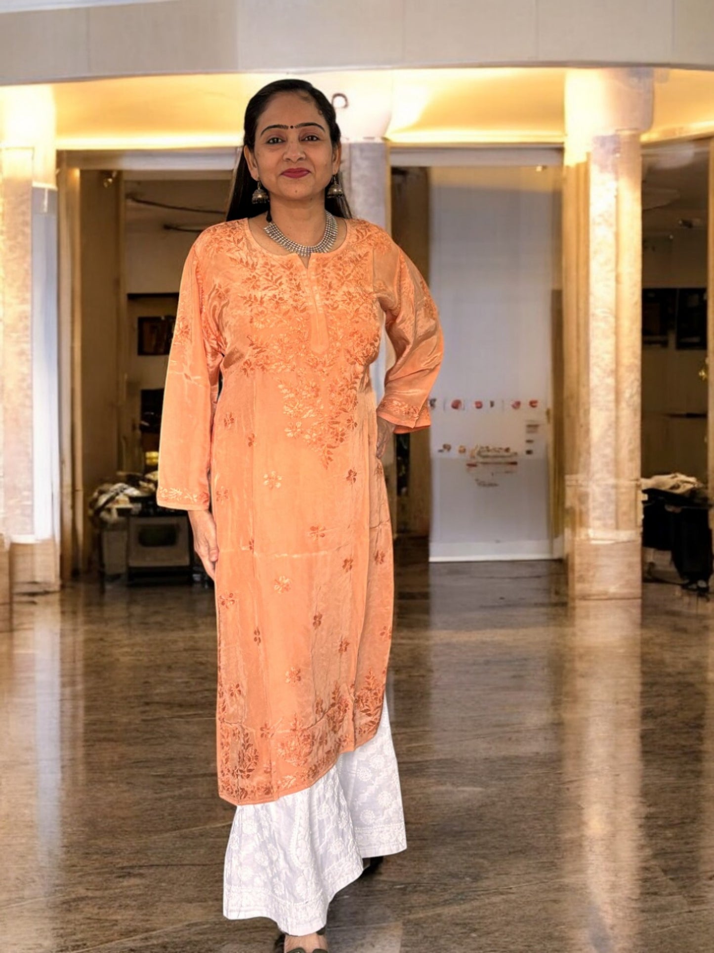 PASTEL BROWN SATIN CHIKANKARI KURTI