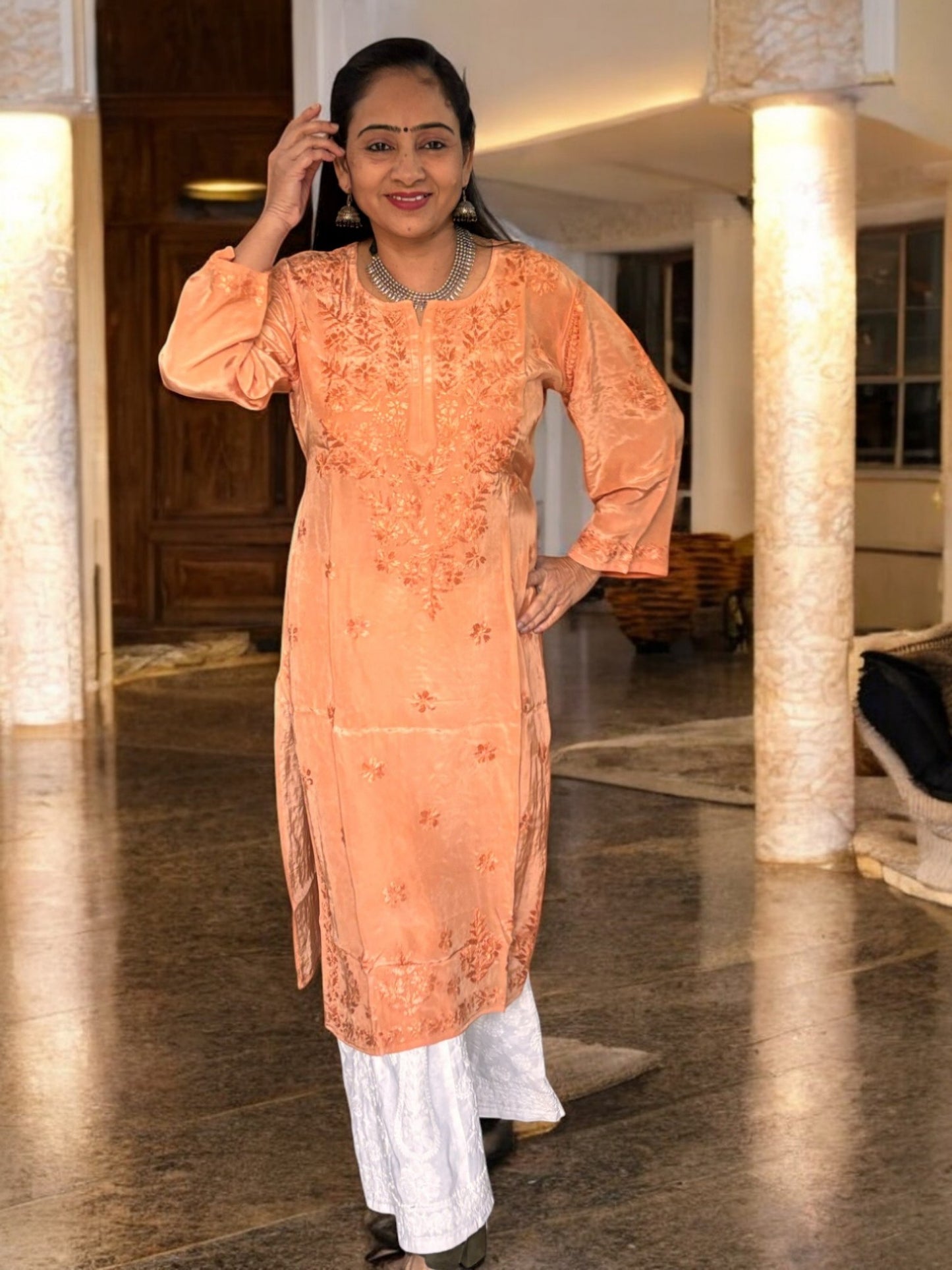 PASTEL BROWN SATIN CHIKANKARI KURTI