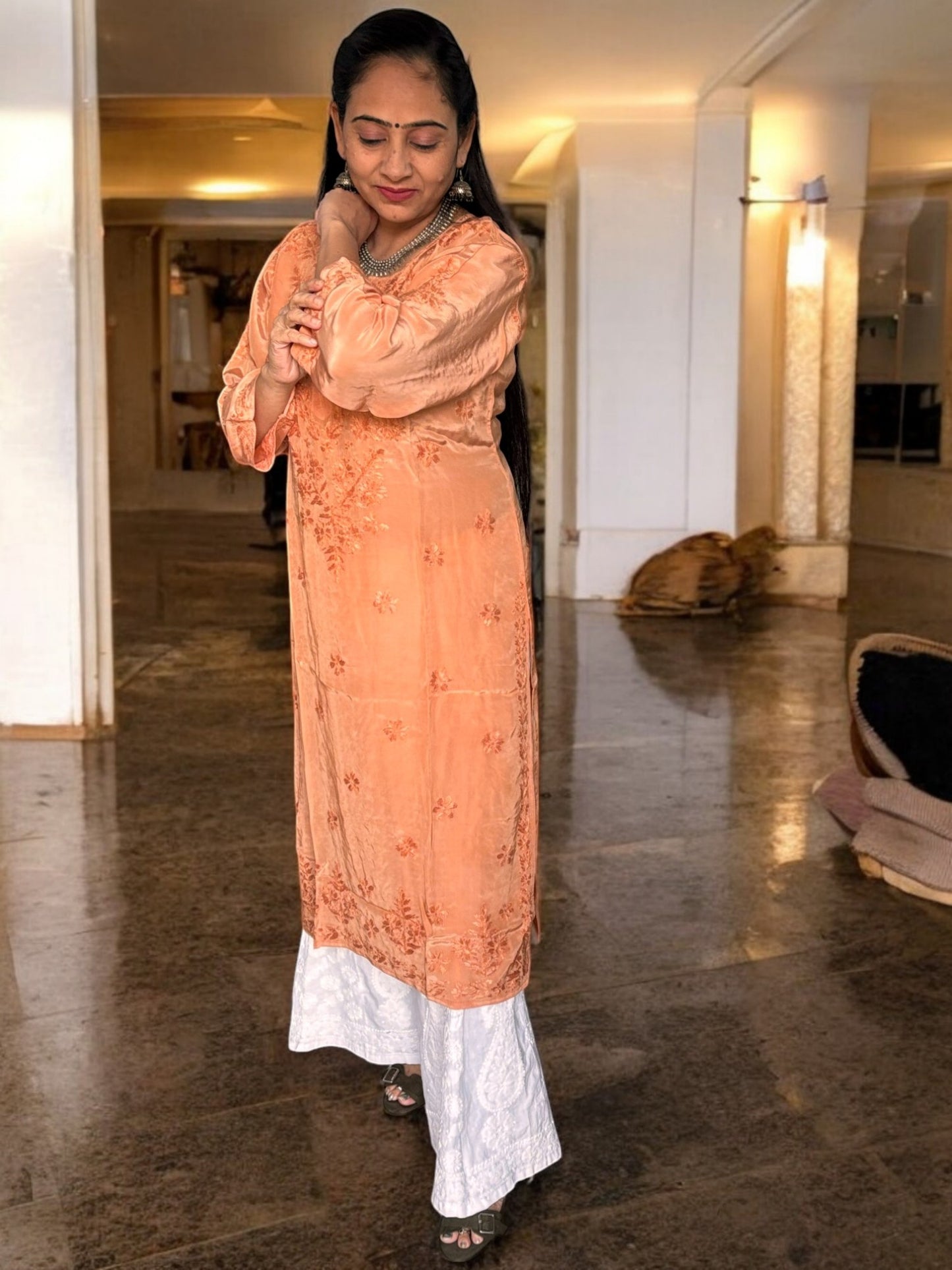 PASTEL BROWN SATIN CHIKANKARI KURTI