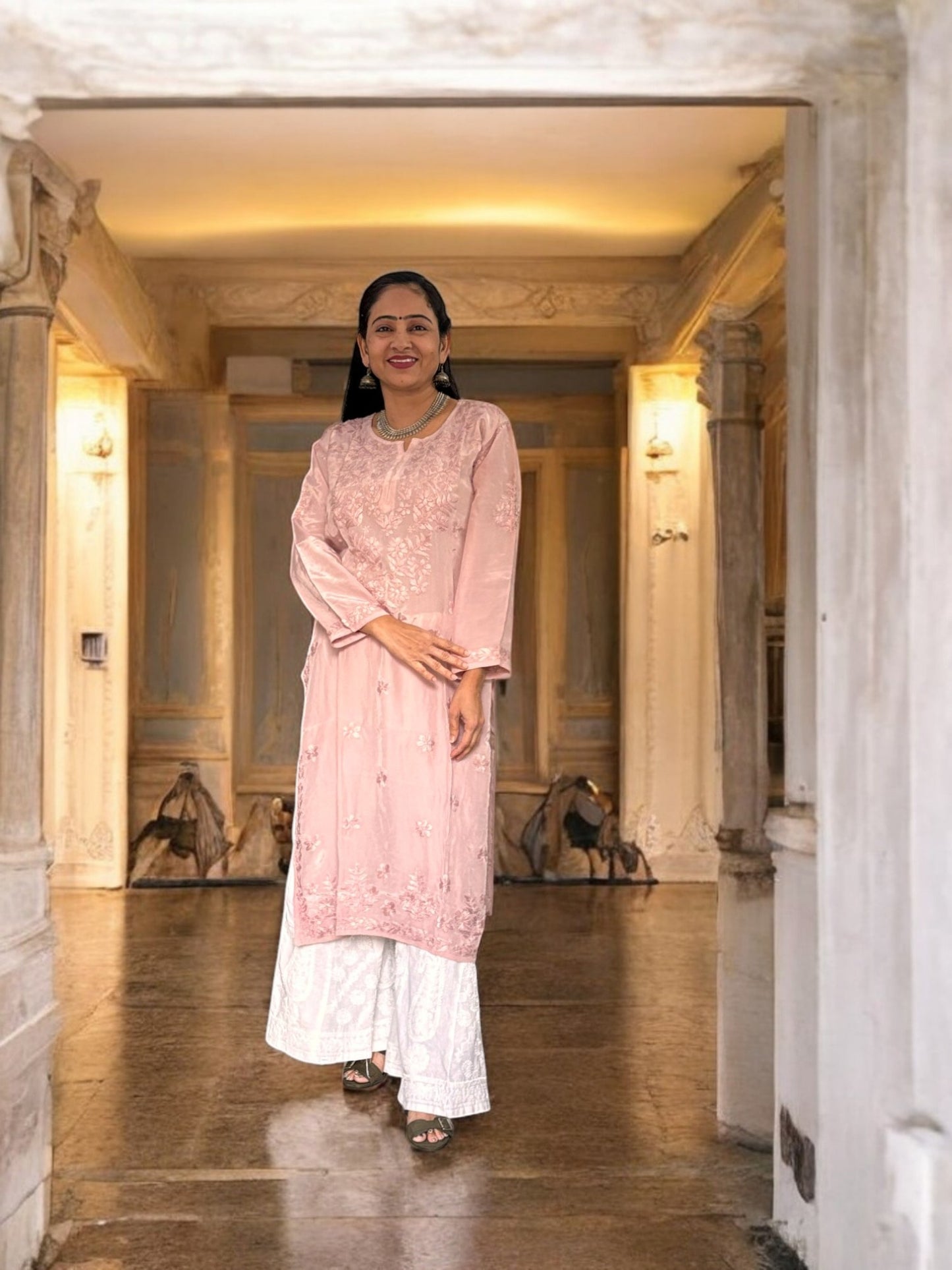 PASTEL MAUVE SATIN CHIKANKARI KURTI