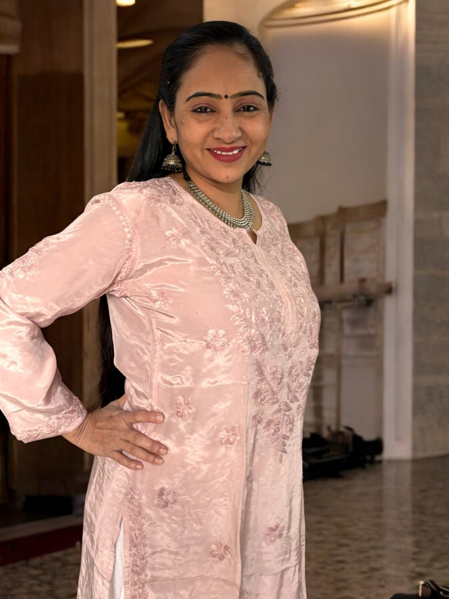 PASTEL MAUVE SATIN CHIKANKARI KURTI