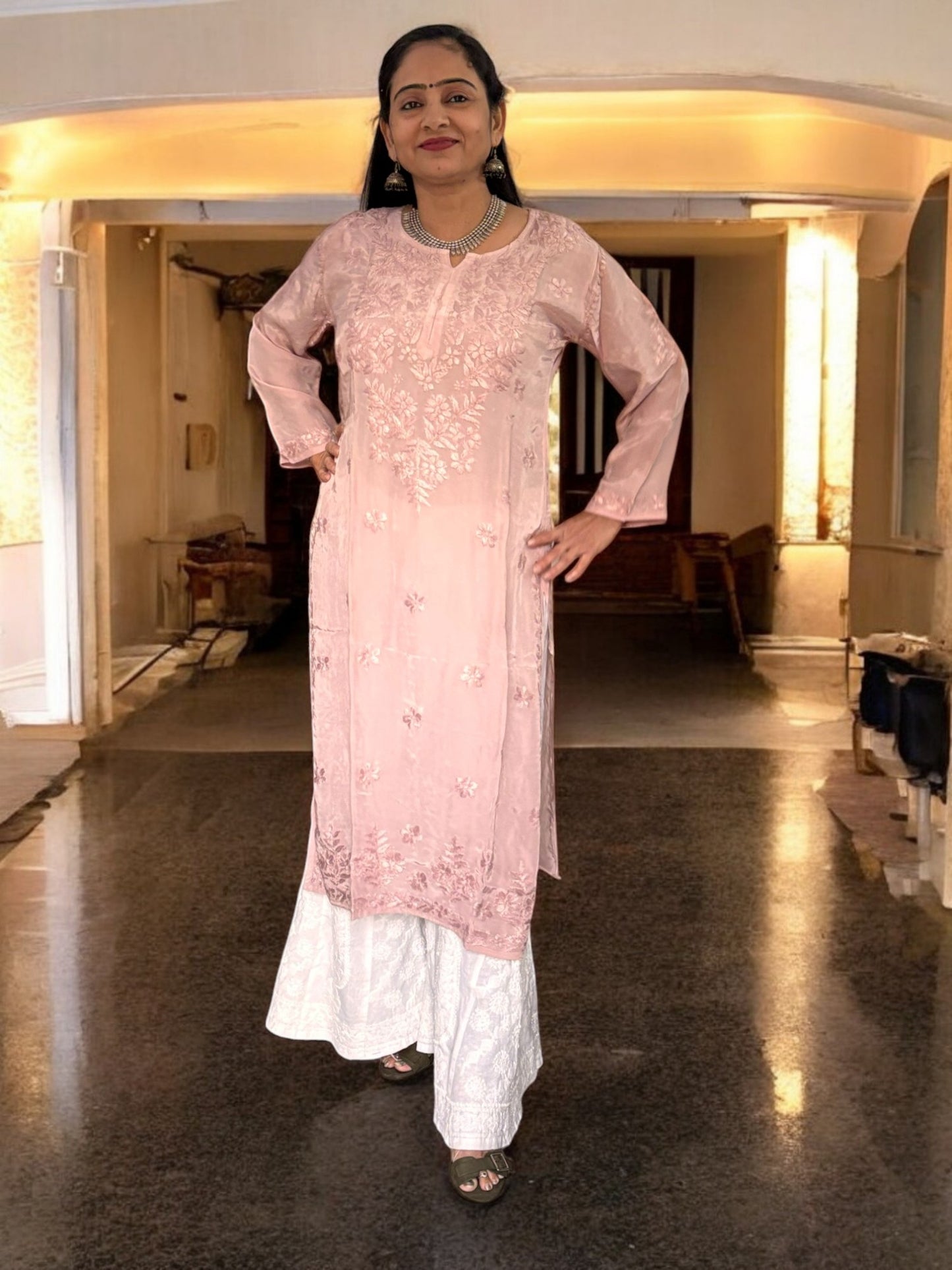 PASTEL MAUVE SATIN CHIKANKARI KURTI