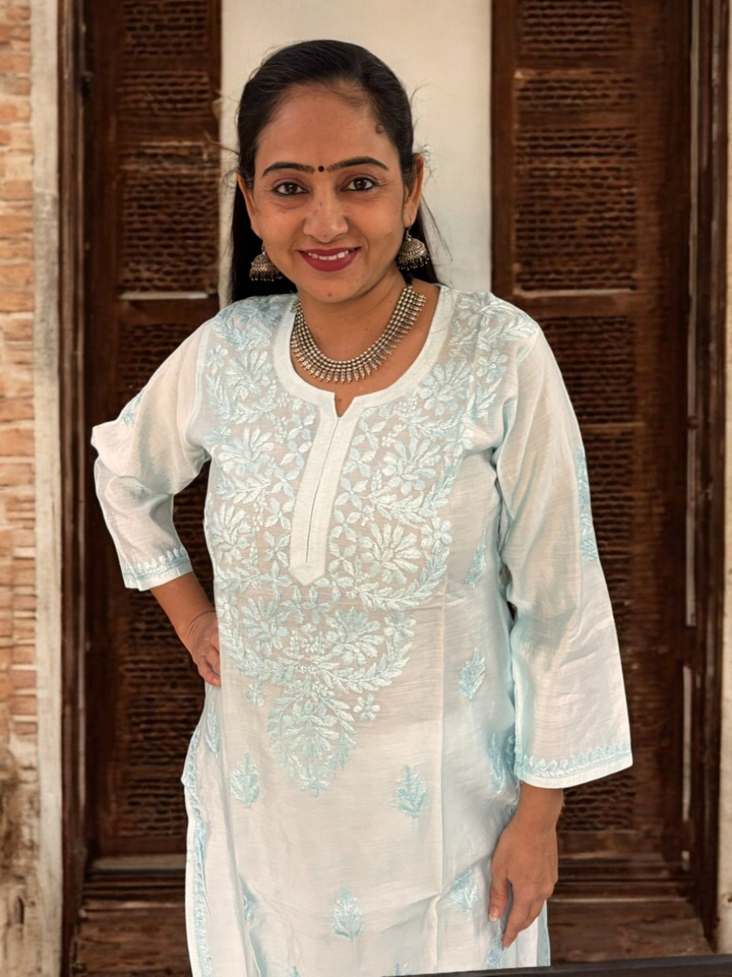 PASTEL BLUE CHANDERI COTTON CHIKANKARI KURTI