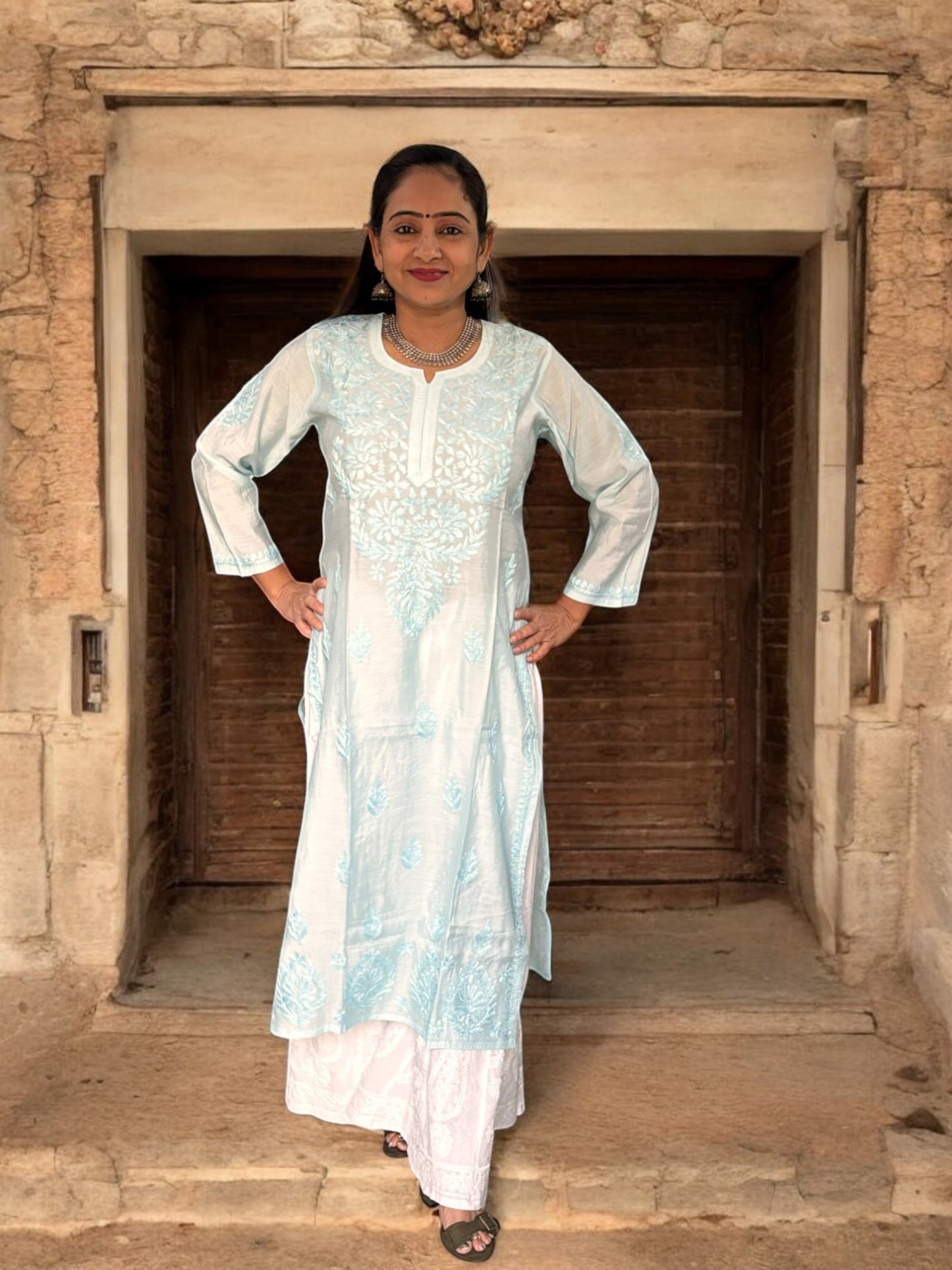PASTEL BLUE CHANDERI COTTON CHIKANKARI KURTI