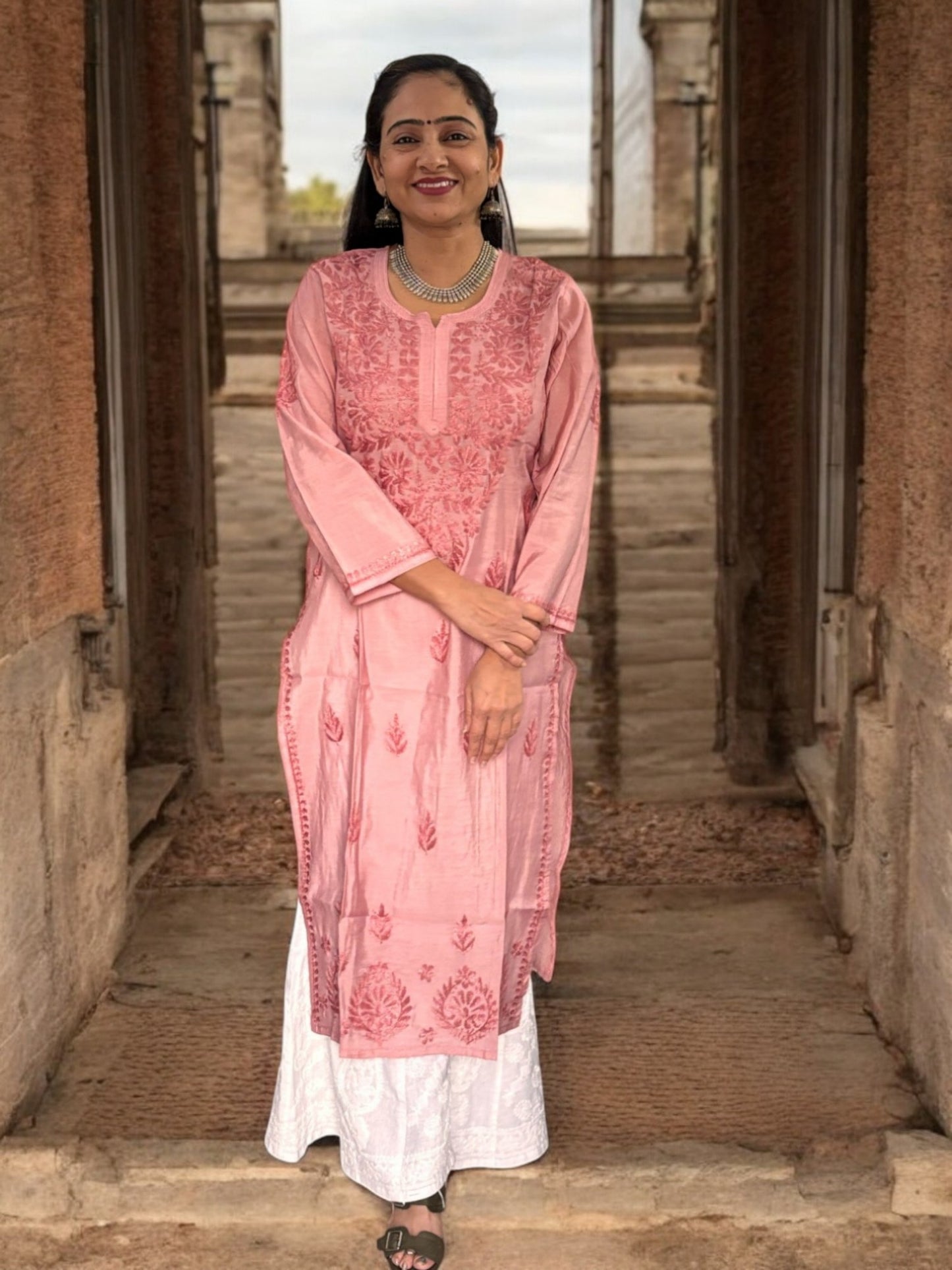 PASTEL PINK CHANDERI COTTON CHIKANKARI KURTA